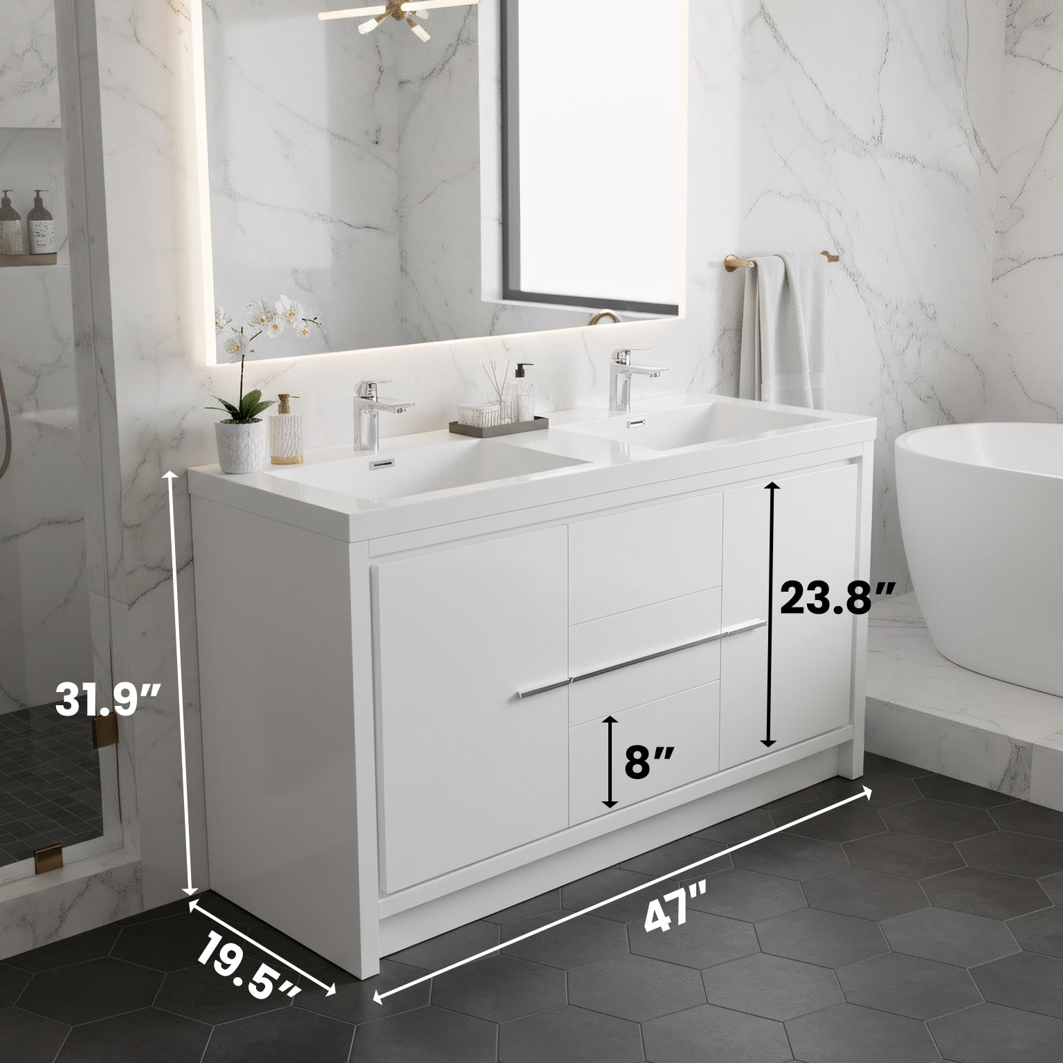 48" Glossy White Freestanding Double Sink Bathroom Vanity with White Polymarble Countertop-Migration_Bathroom Vanities-DECOROLALA