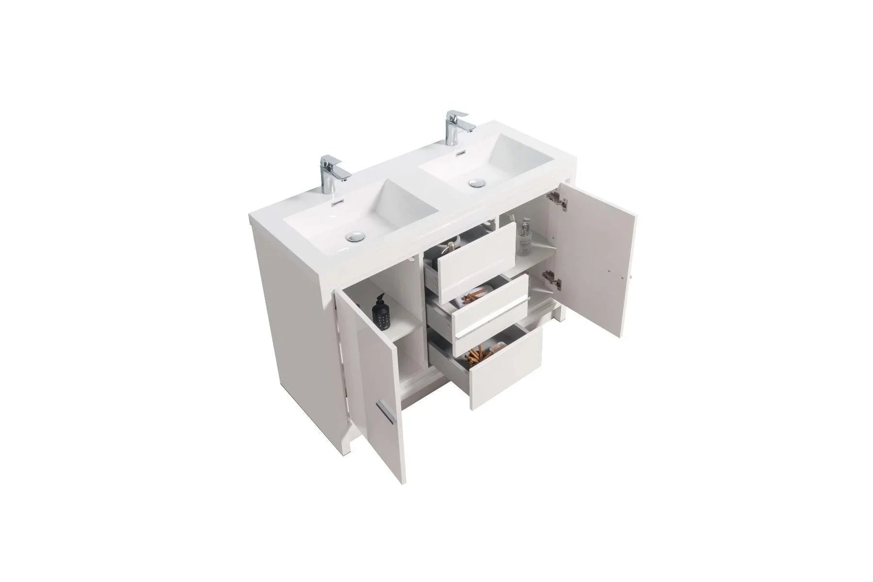 48" Glossy White Freestanding Double Sink Bathroom Vanity with White Polymarble Countertop-Migration_Bathroom Vanities-DECOROLALA