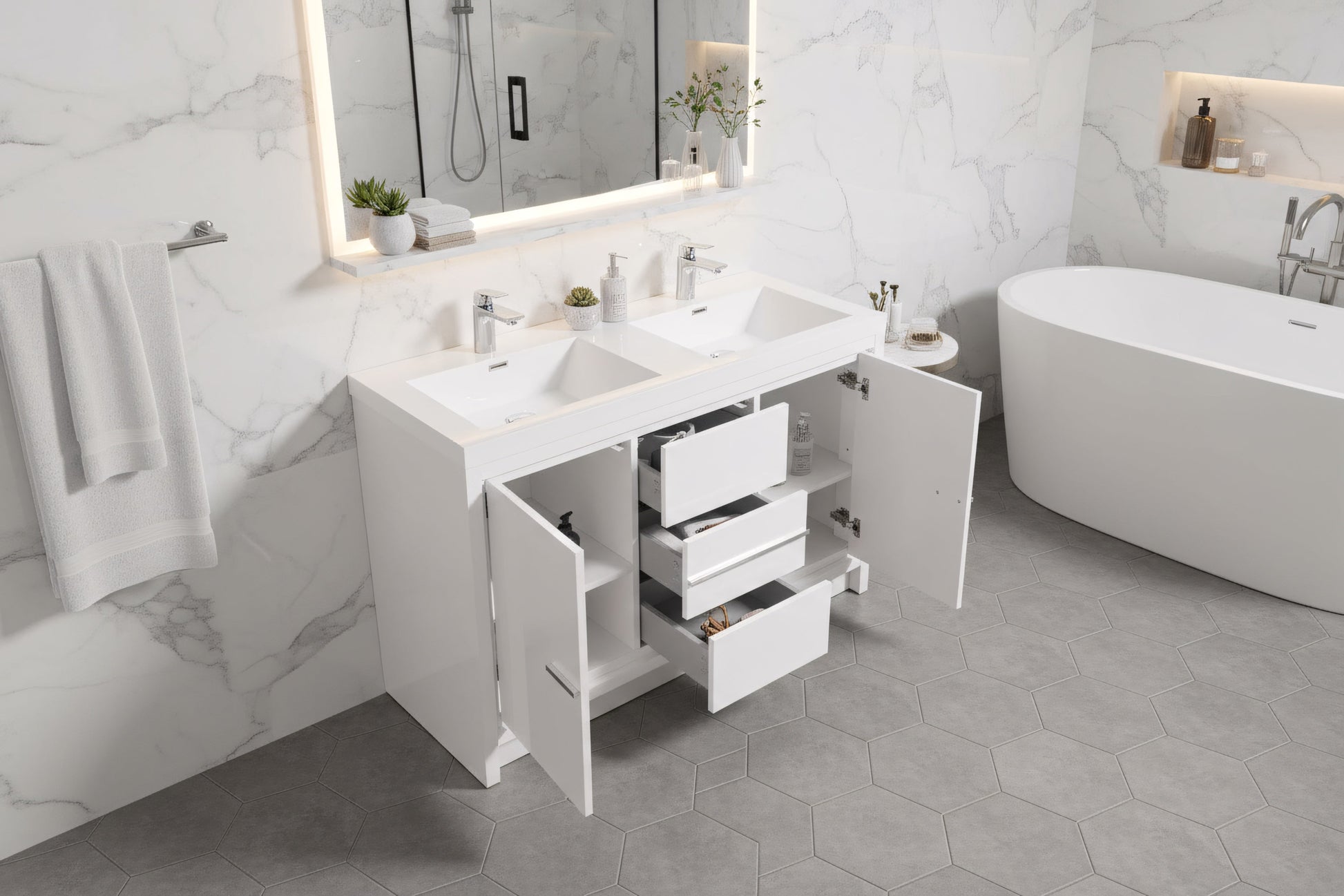 48" Glossy White Freestanding Double Sink Bathroom Vanity with White Polymarble Countertop-Migration_Bathroom Vanities-DECOROLALA
