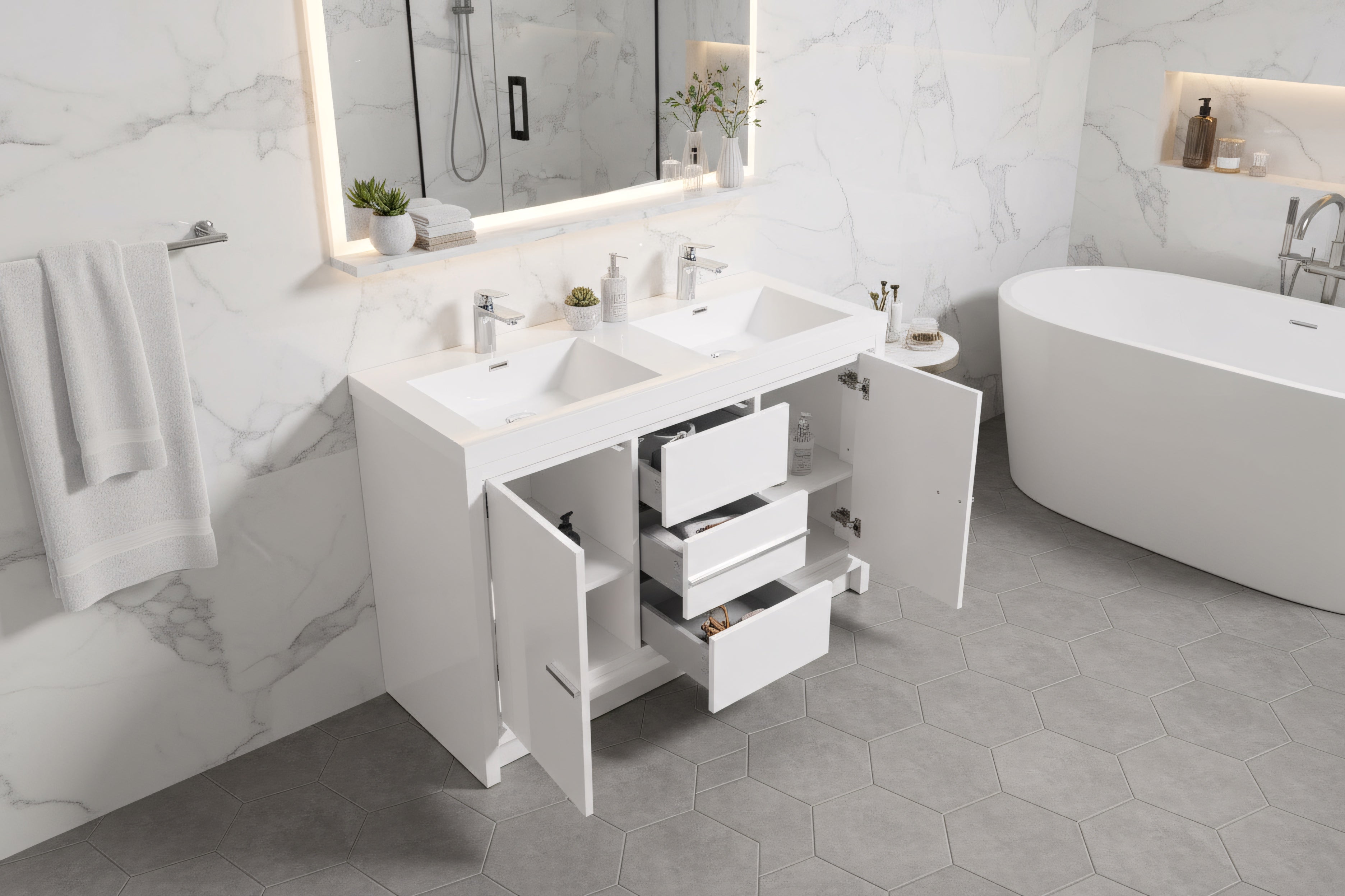 48" Glossy White Freestanding Double Sink Bathroom Vanity with White Polymarble Countertop-Migration_Bathroom Vanities-DECOROLALA