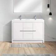 48" Glossy White Freestanding Double Sink Bathroom Vanity with White Polymarble Countertop-Migration_Bathroom Vanities-DECOROLALA