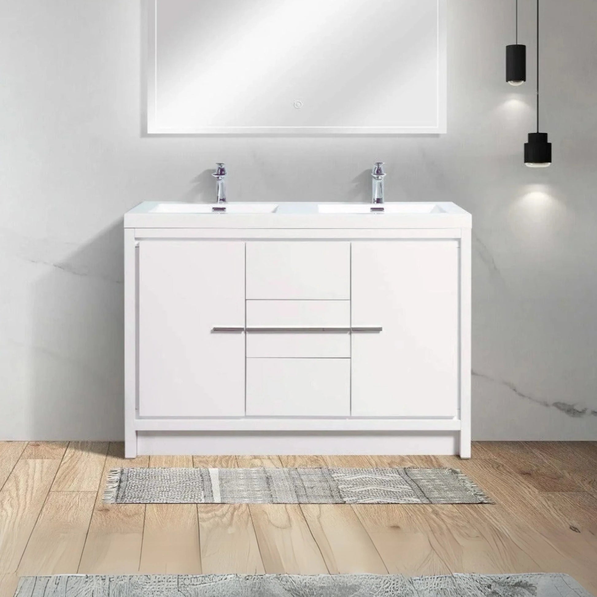 48" Glossy White Freestanding Double Sink Bathroom Vanity with White Polymarble Countertop-Migration_Bathroom Vanities-DECOROLALA