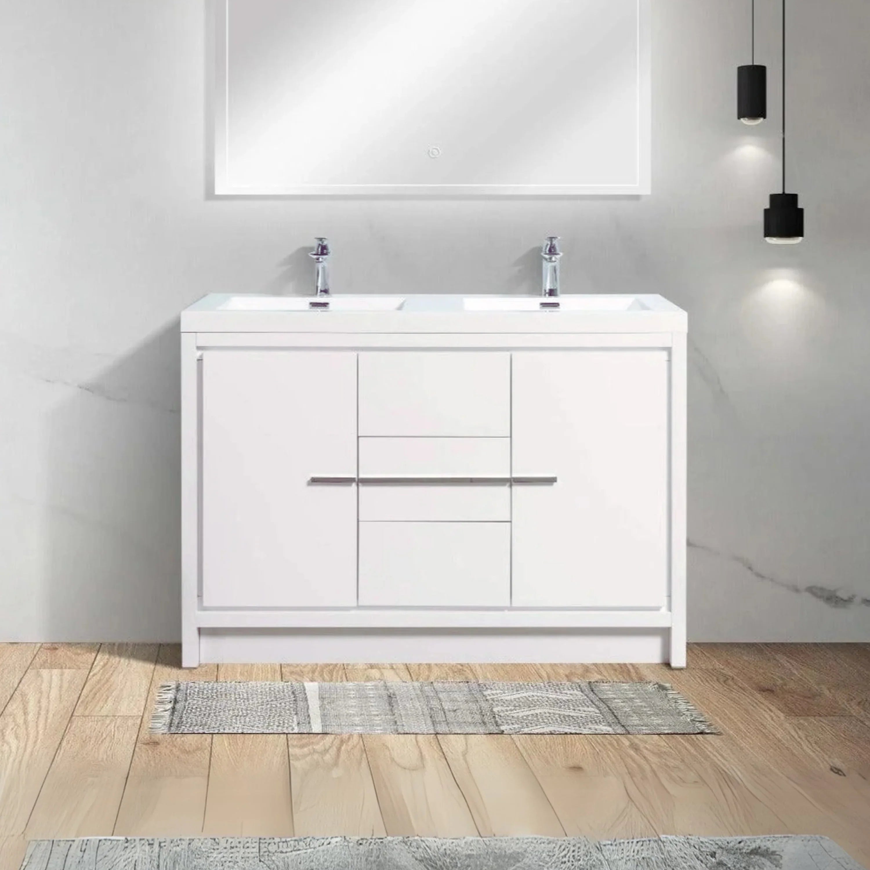 48" Glossy White Freestanding Double Sink Bathroom Vanity with White Polymarble Countertop-Migration_Bathroom Vanities-DECOROLALA