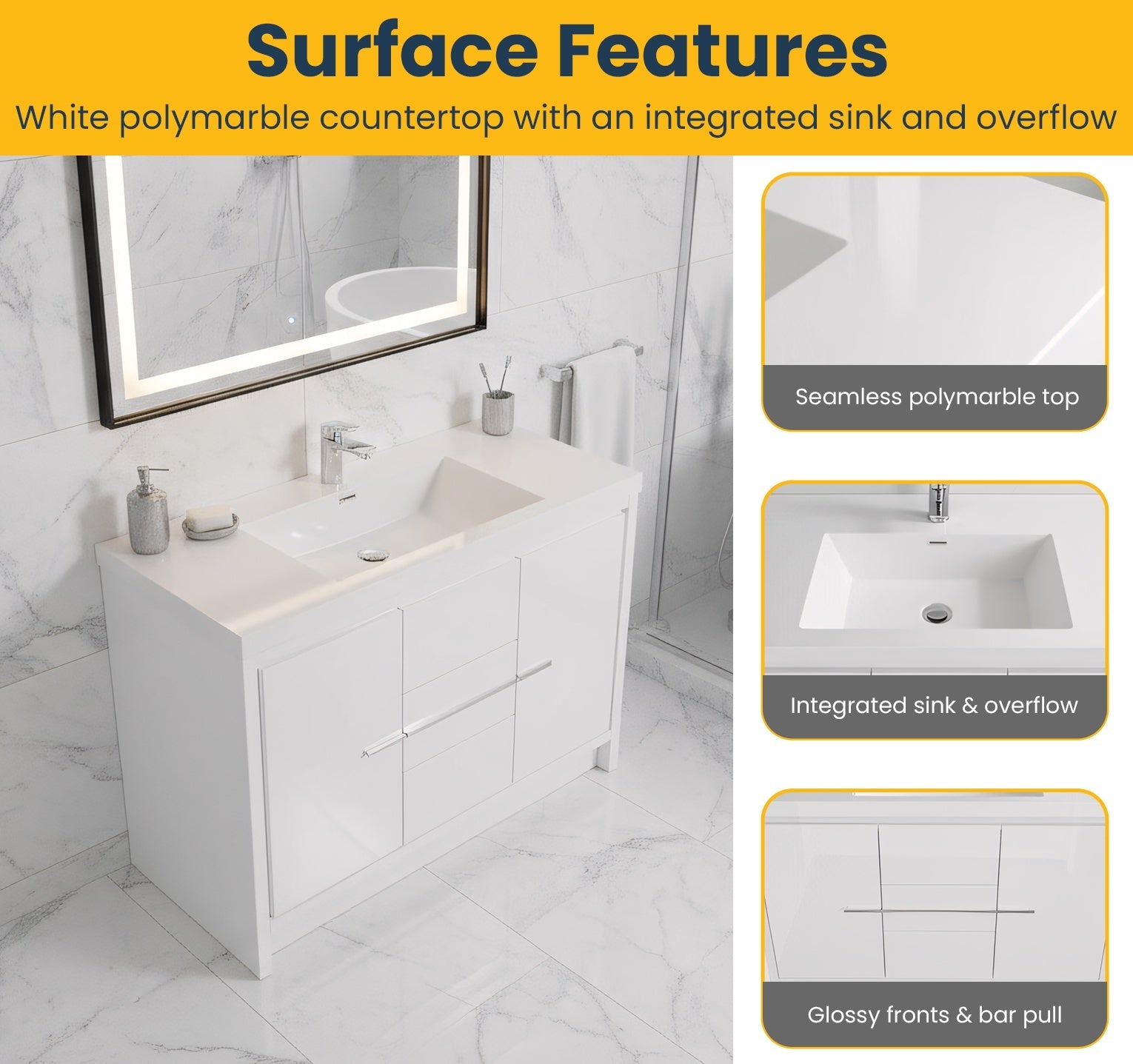 48" Glossy White Freestanding Single Sink Bathroom Vanity with White Polymarble Countertop-Migration_Bathroom Vanities-DECOROLALA