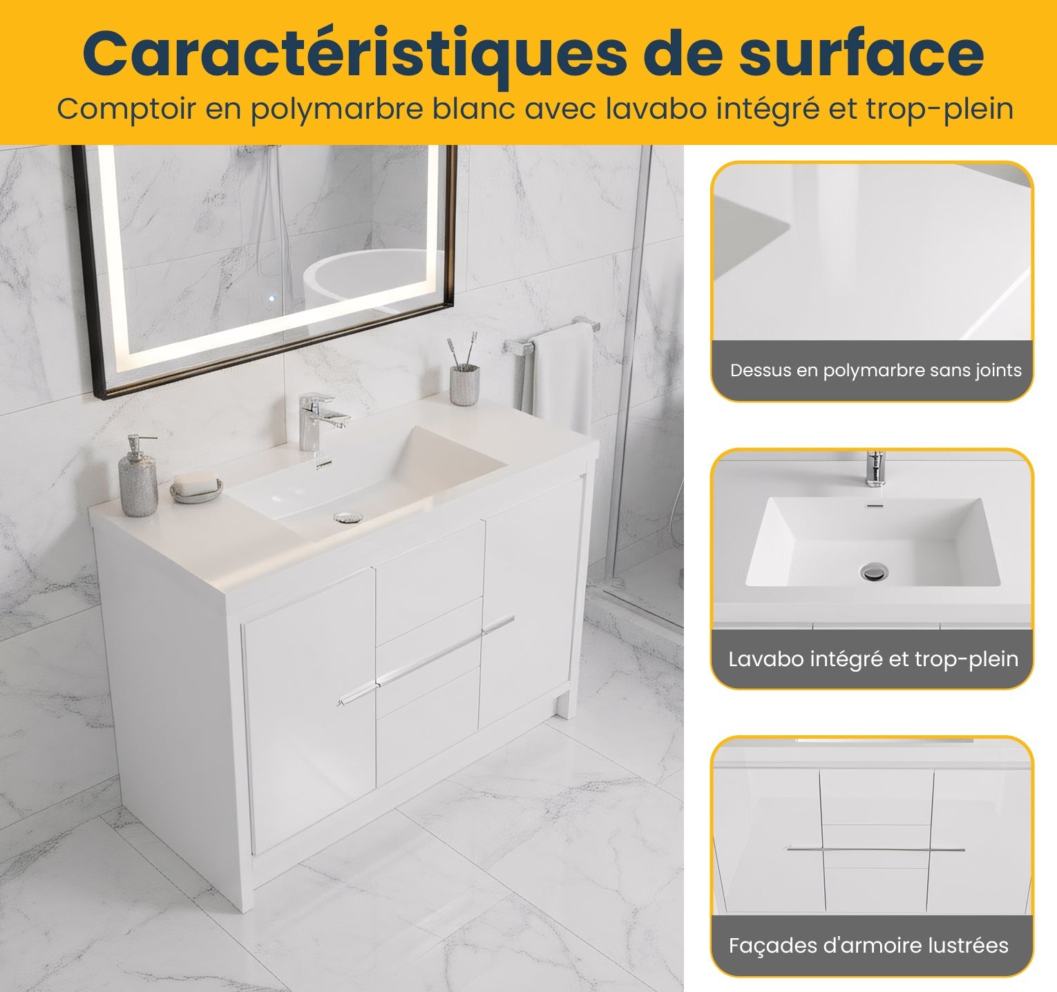 48" Glossy White Freestanding Single Sink Bathroom Vanity with White Polymarble Countertop-Migration_Bathroom Vanities-DECOROLALA