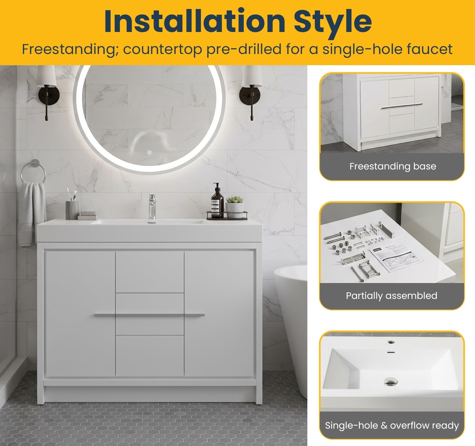 48" Glossy White Freestanding Single Sink Bathroom Vanity with White Polymarble Countertop-Migration_Bathroom Vanities-DECOROLALA