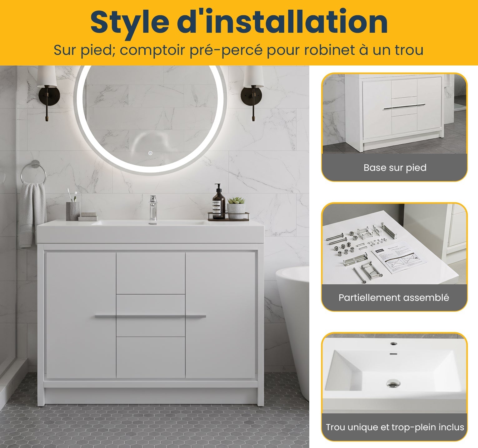 48" Glossy White Freestanding Single Sink Bathroom Vanity with White Polymarble Countertop-Migration_Bathroom Vanities-DECOROLALA