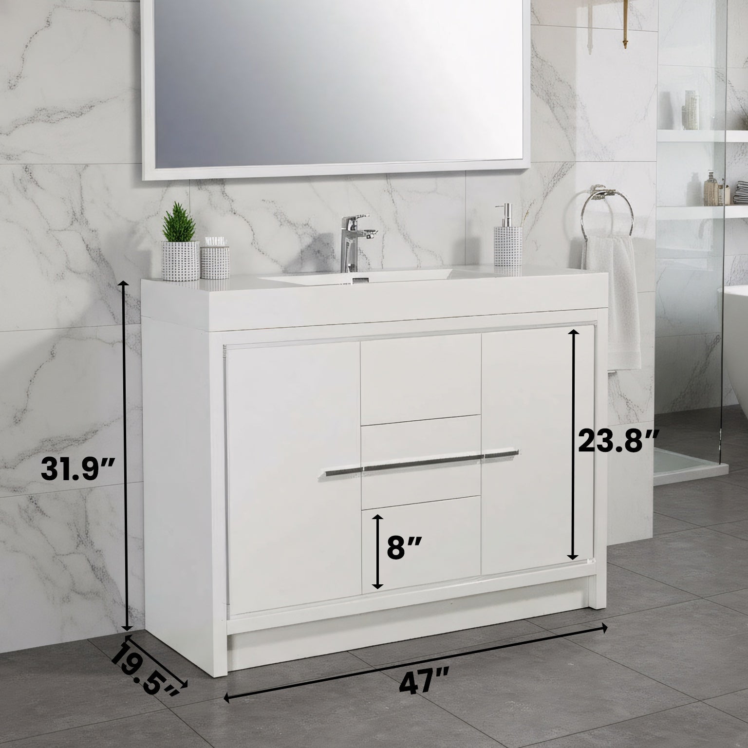 48" Glossy White Freestanding Single Sink Bathroom Vanity with White Polymarble Countertop-Migration_Bathroom Vanities-DECOROLALA
