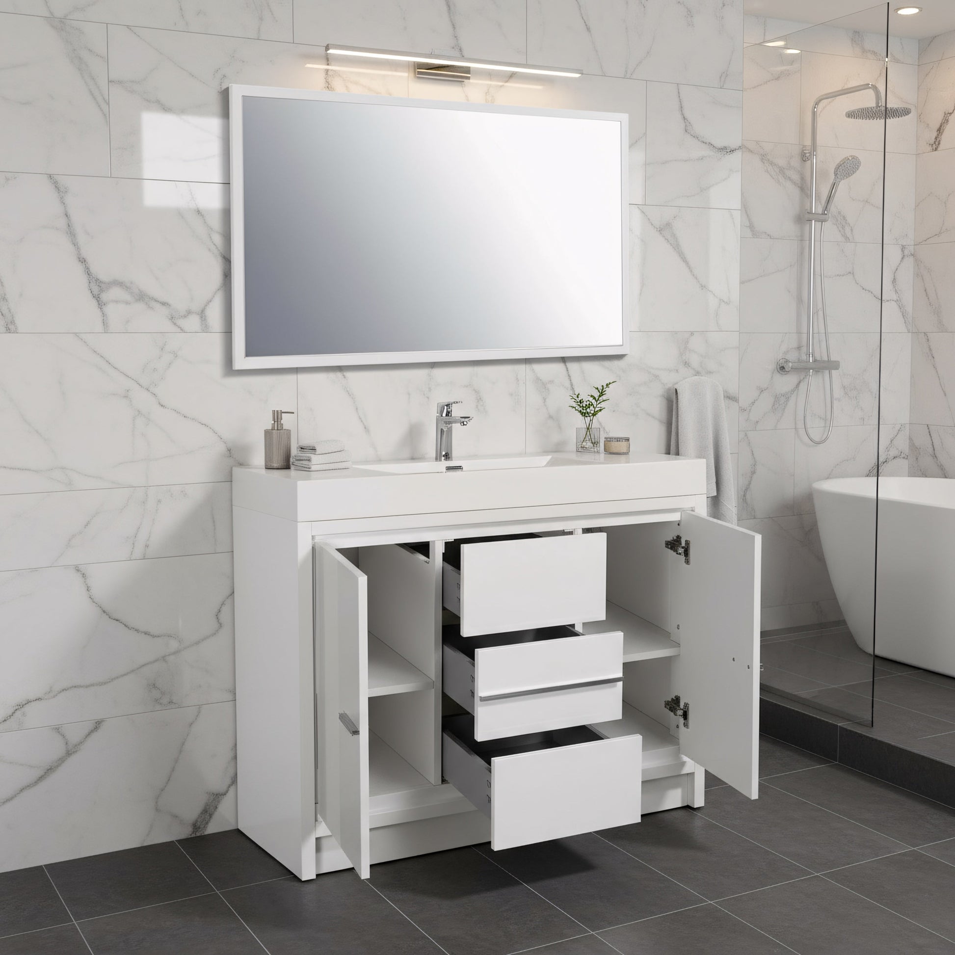 48" Glossy White Freestanding Single Sink Bathroom Vanity with White Polymarble Countertop-Migration_Bathroom Vanities-DECOROLALA