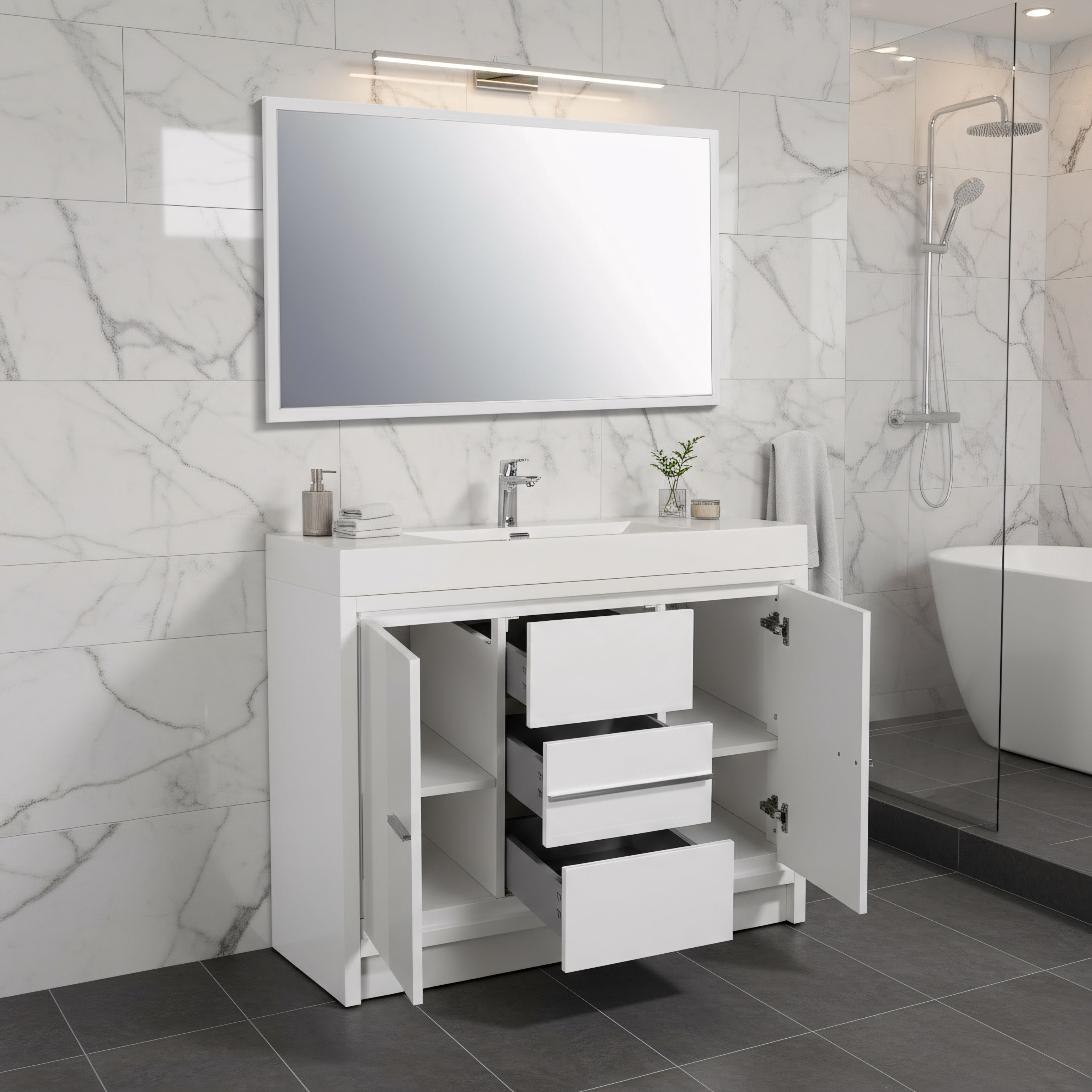 48" Glossy White Freestanding Single Sink Bathroom Vanity with White Polymarble Countertop-Migration_Bathroom Vanities-DECOROLALA