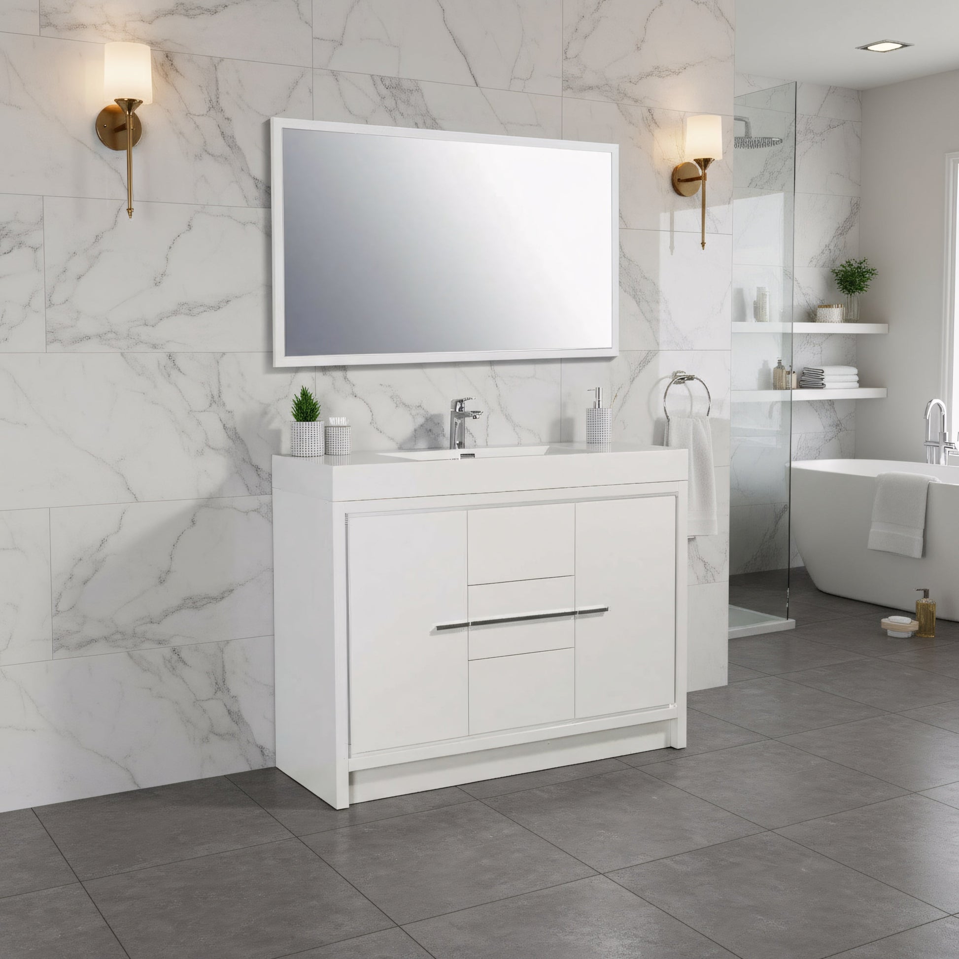 48" Glossy White Freestanding Single Sink Bathroom Vanity with White Polymarble Countertop-Migration_Bathroom Vanities-DECOROLALA