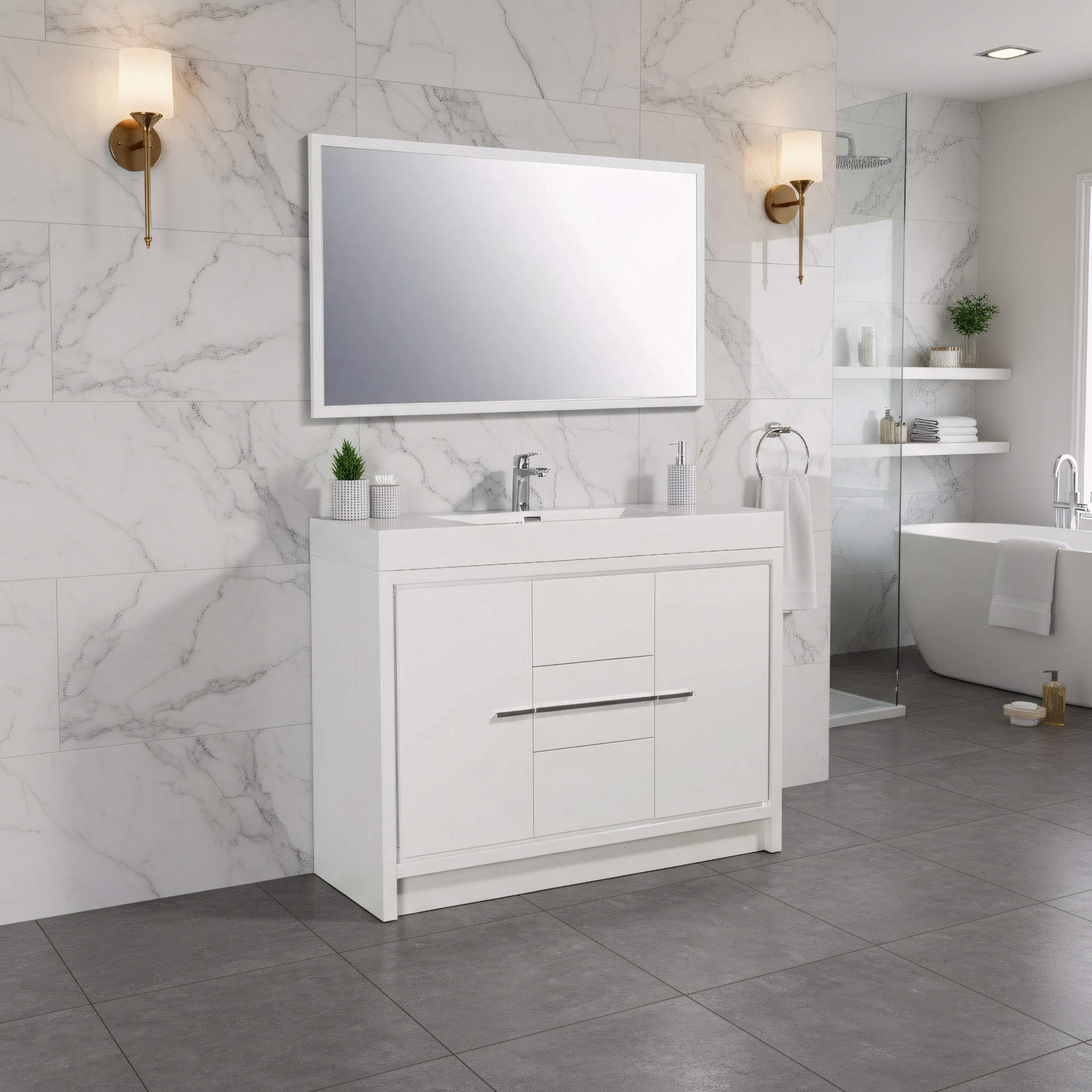 48" Glossy White Freestanding Single Sink Bathroom Vanity with White Polymarble Countertop-Migration_Bathroom Vanities-DECOROLALA