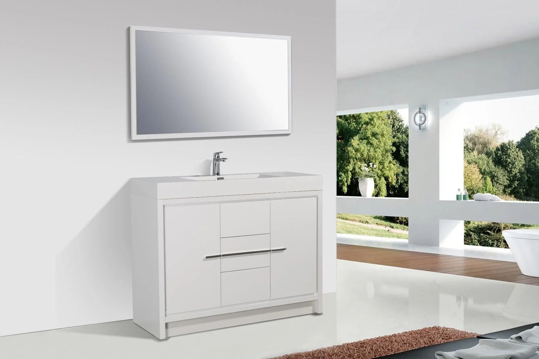 48" Glossy White Freestanding Single Sink Bathroom Vanity with White Polymarble Countertop-Migration_Bathroom Vanities-DECOROLALA