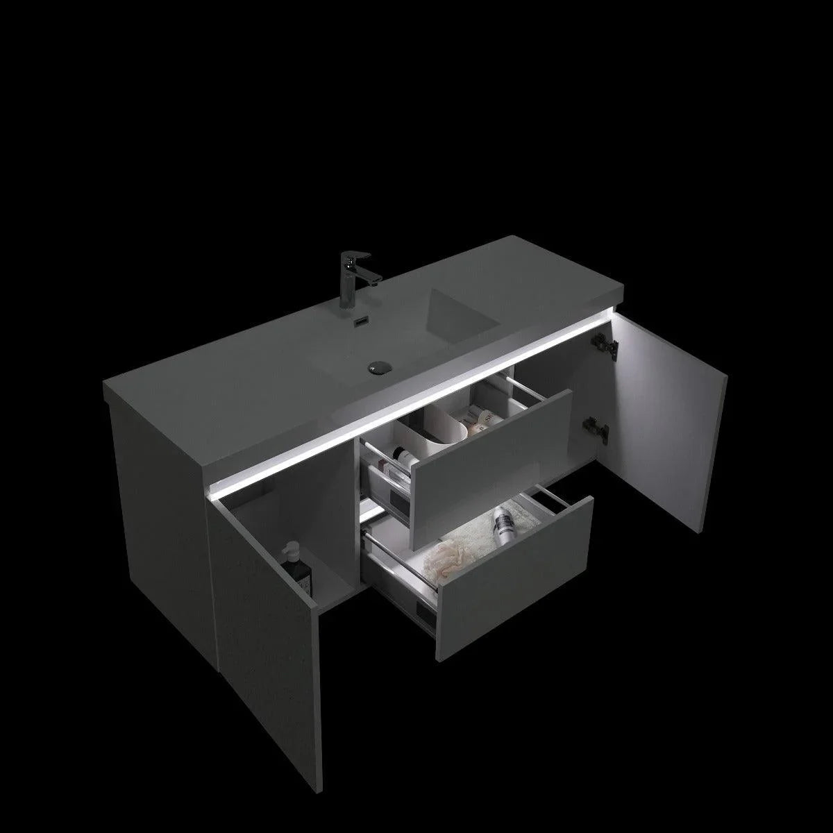 48" Glossy White Wall Mount LED-Glow Bathroom Vanity with White Polymarble Countertop-Migration_Bathroom Vanities-DECOROLALA