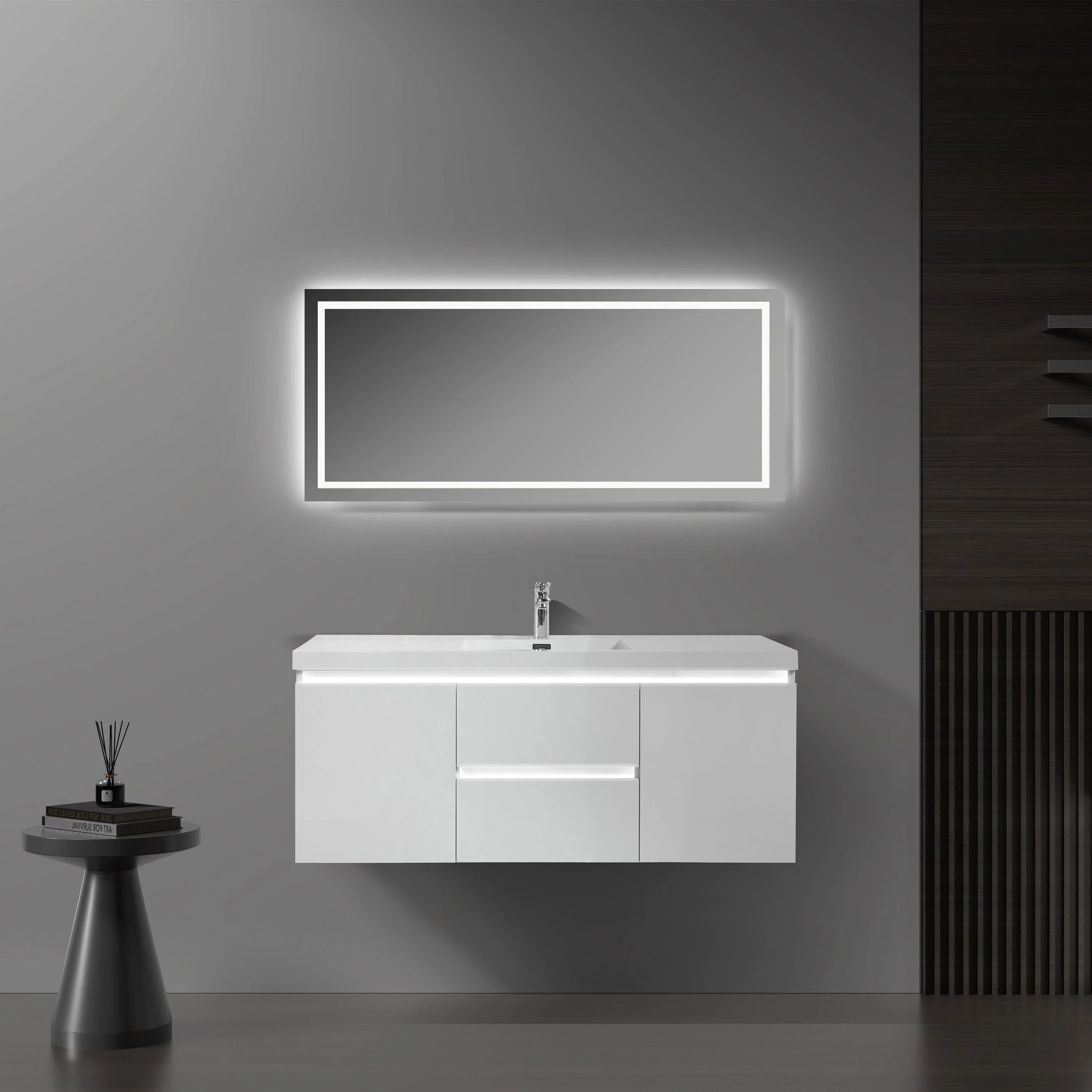 48" Glossy White Wall Mount LED-Glow Bathroom Vanity with White Polymarble Countertop-Migration_Bathroom Vanities-DECOROLALA