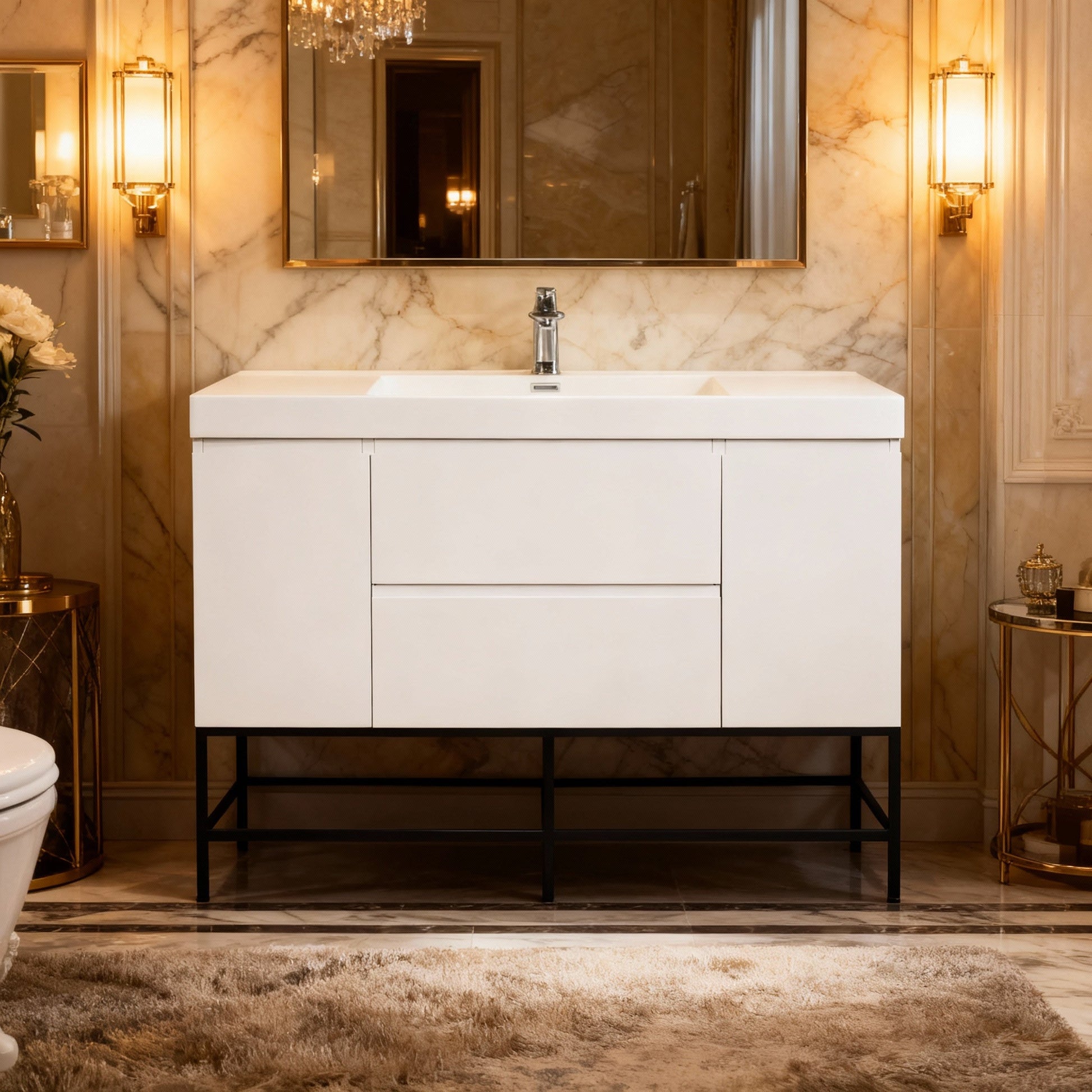 48" Glossy White Wall Mount Single Sink Bathroom Vanity with White Polymarble Countertop-Migration_Bathroom Vanities-DECOROLALA