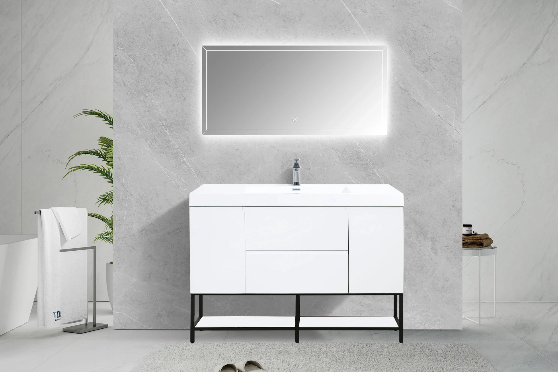 48" Glossy White Wall Mount Single Sink Bathroom Vanity with White Polymarble Countertop-Migration_Bathroom Vanities-DECOROLALA