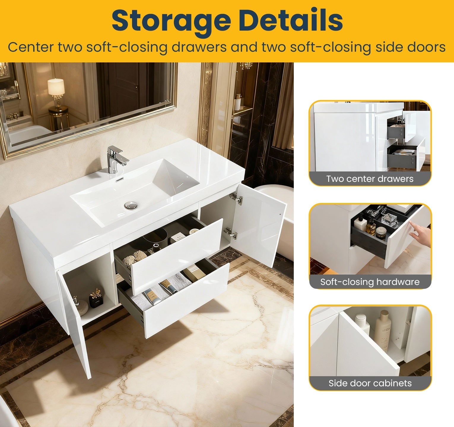 48" Glossy White Wall Mount Single Sink Bathroom Vanity with White Polymarble Countertop-Migration_Bathroom Vanities-DECOROLALA