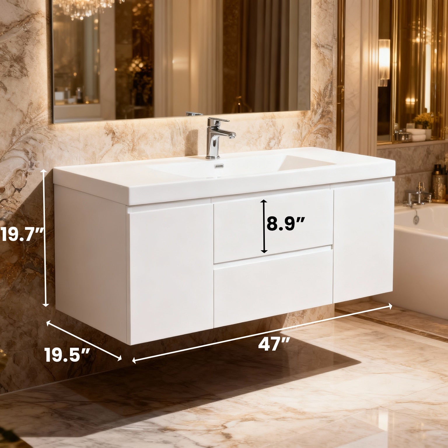 48" Glossy White Wall Mount Single Sink Bathroom Vanity with White Polymarble Countertop-Migration_Bathroom Vanities-DECOROLALA