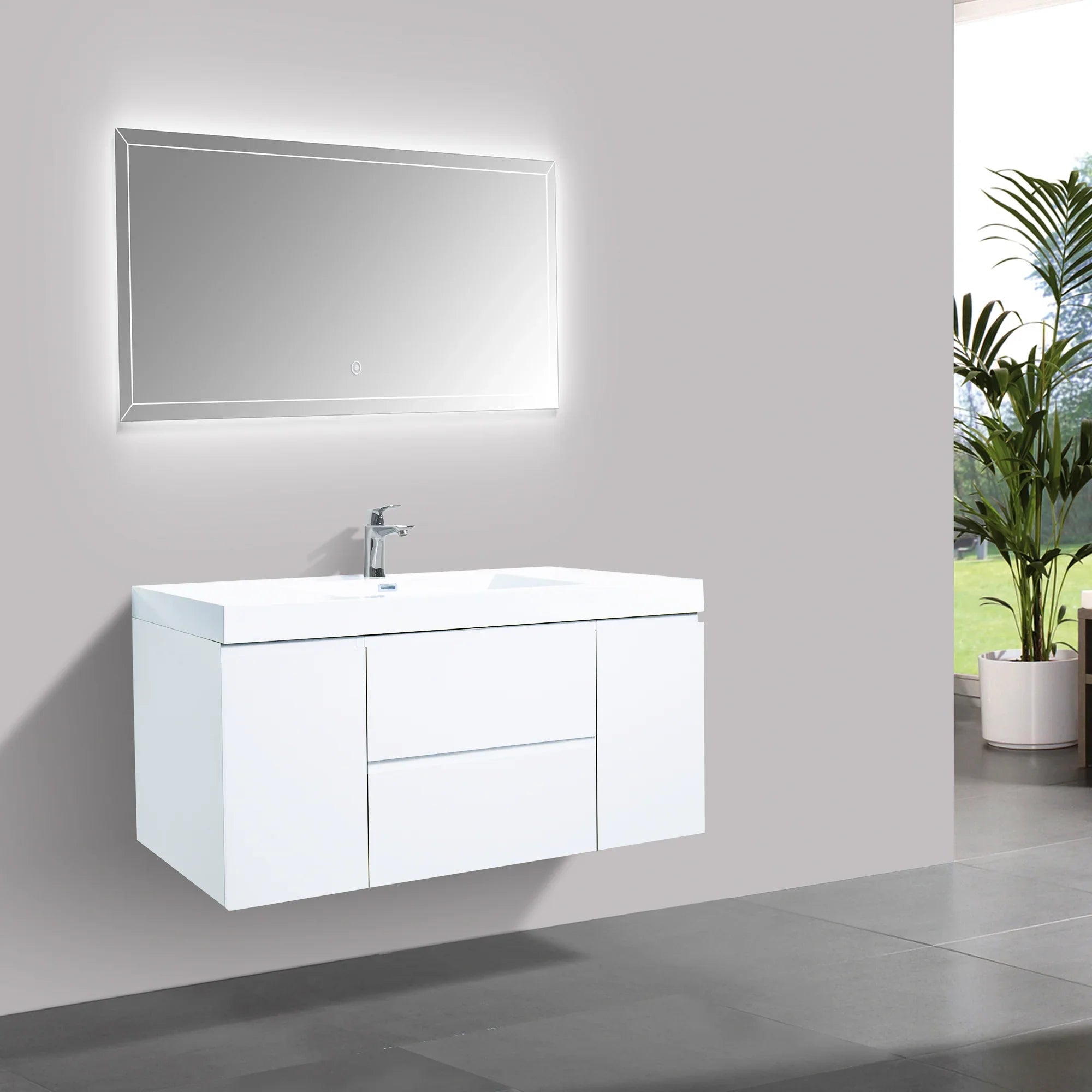 48" Glossy White Wall Mount Single Sink Bathroom Vanity with White Polymarble Countertop-Migration_Bathroom Vanities-DECOROLALA