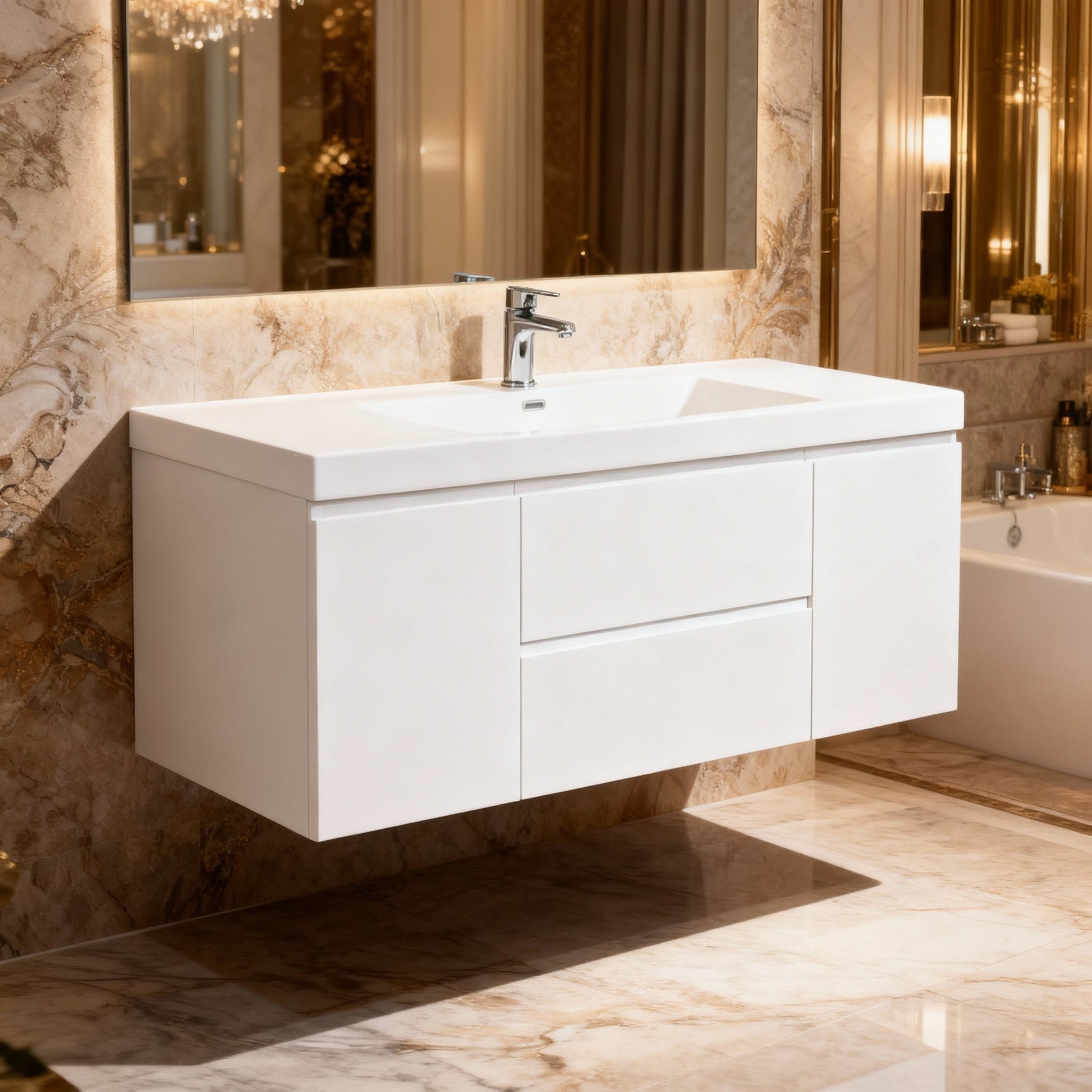48" Glossy White Wall Mount Single Sink Bathroom Vanity with White Polymarble Countertop-Migration_Bathroom Vanities-DECOROLALA