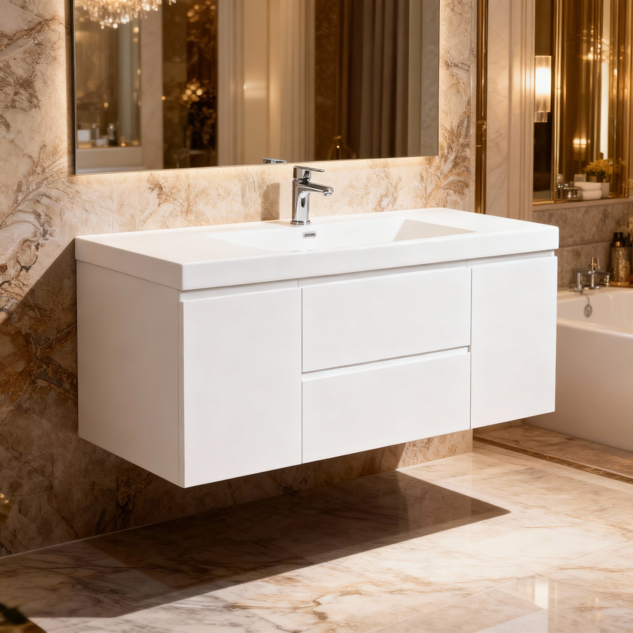 48" Glossy White Wall Mount Single Sink Bathroom Vanity with White Polymarble Countertop-Migration_Bathroom Vanities-DECOROLALA