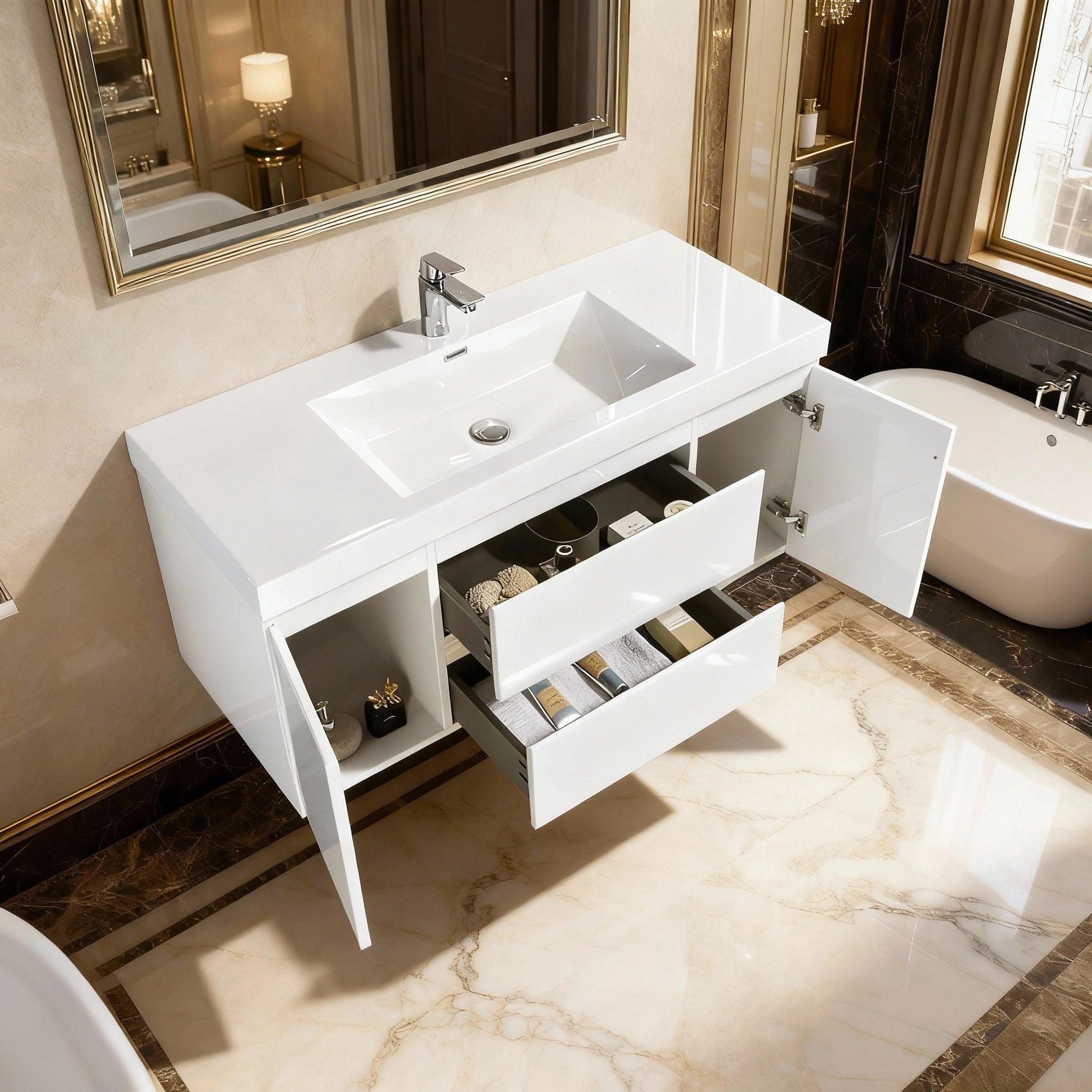 48" Glossy White Wall Mount Single Sink Bathroom Vanity with White Polymarble Countertop-Migration_Bathroom Vanities-DECOROLALA