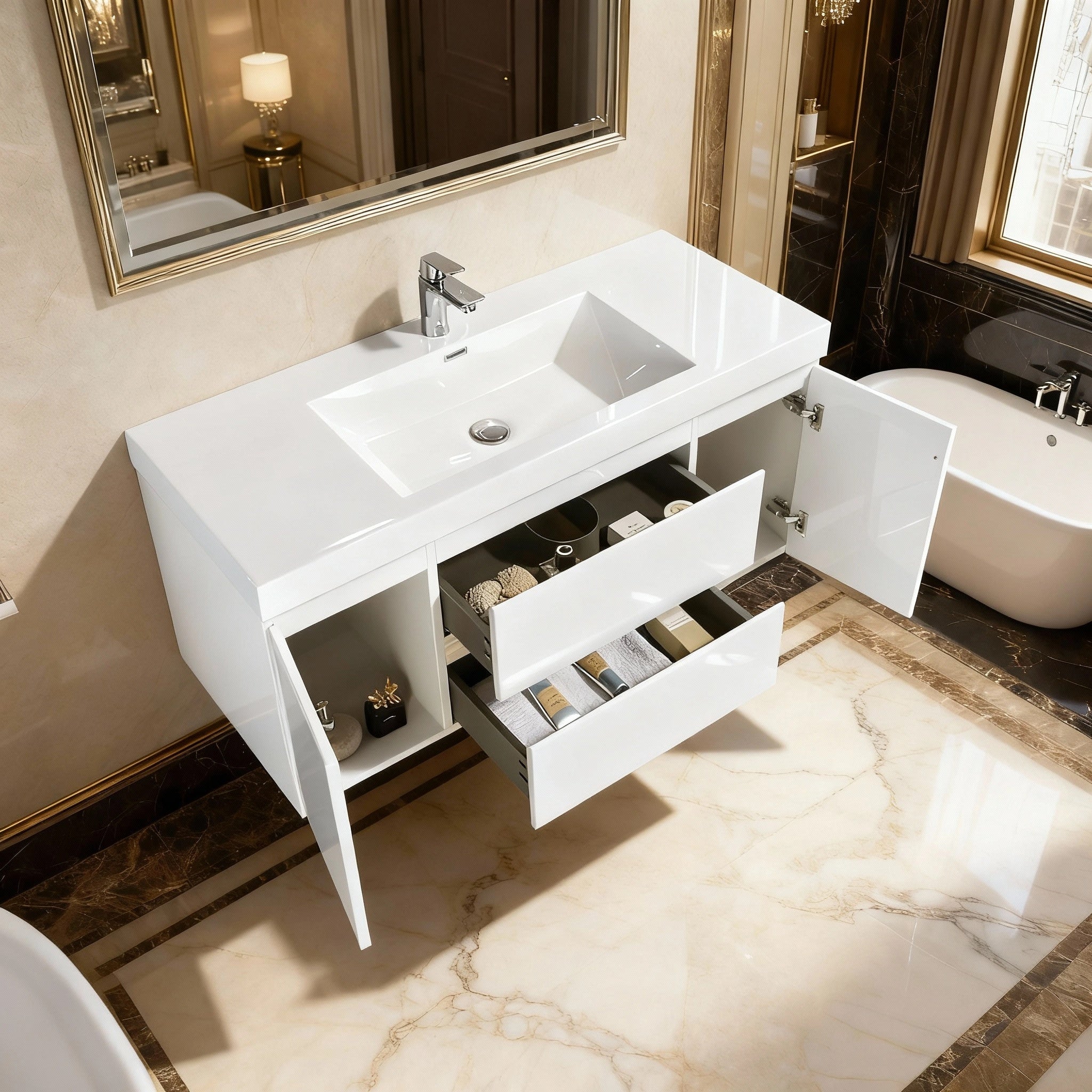 48" Glossy White Wall Mount Single Sink Bathroom Vanity with White Polymarble Countertop-Migration_Bathroom Vanities-DECOROLALA