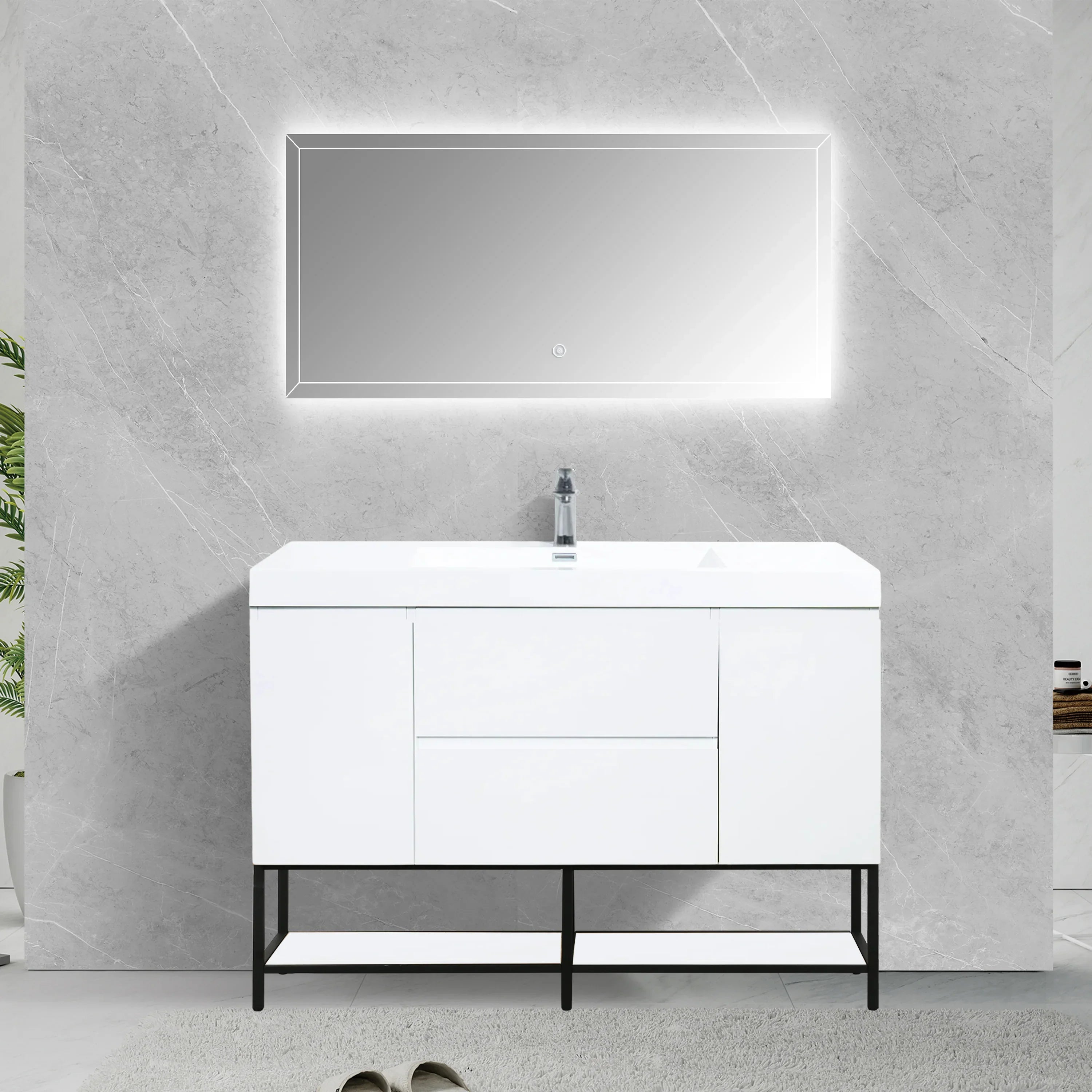 48" Glossy White Wall Mount Single Sink Bathroom Vanity with White Polymarble Countertop-Migration_Bathroom Vanities-DECOROLALA