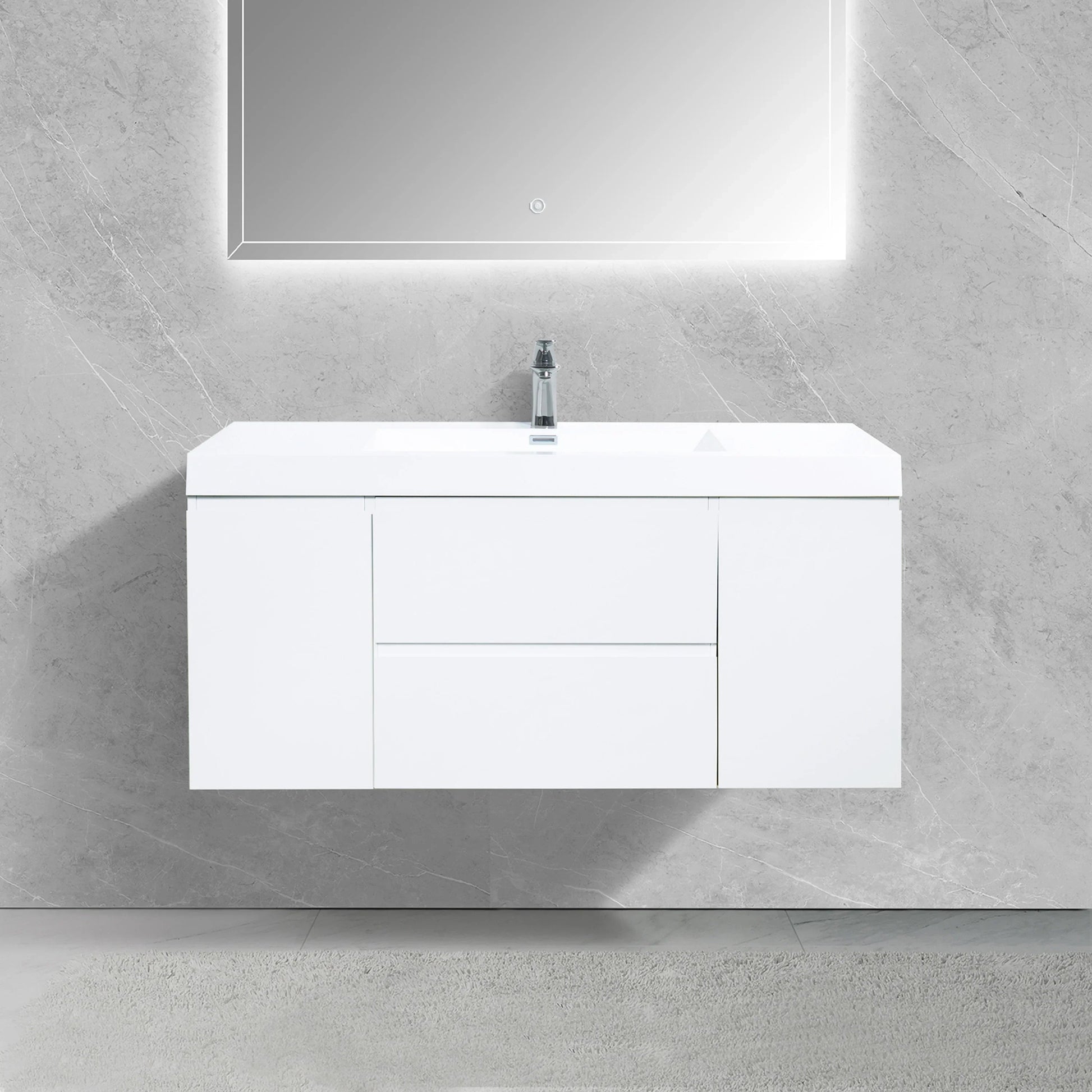 48" Glossy White Wall Mount Single Sink Bathroom Vanity with White Polymarble Countertop-Migration_Bathroom Vanities-DECOROLALA