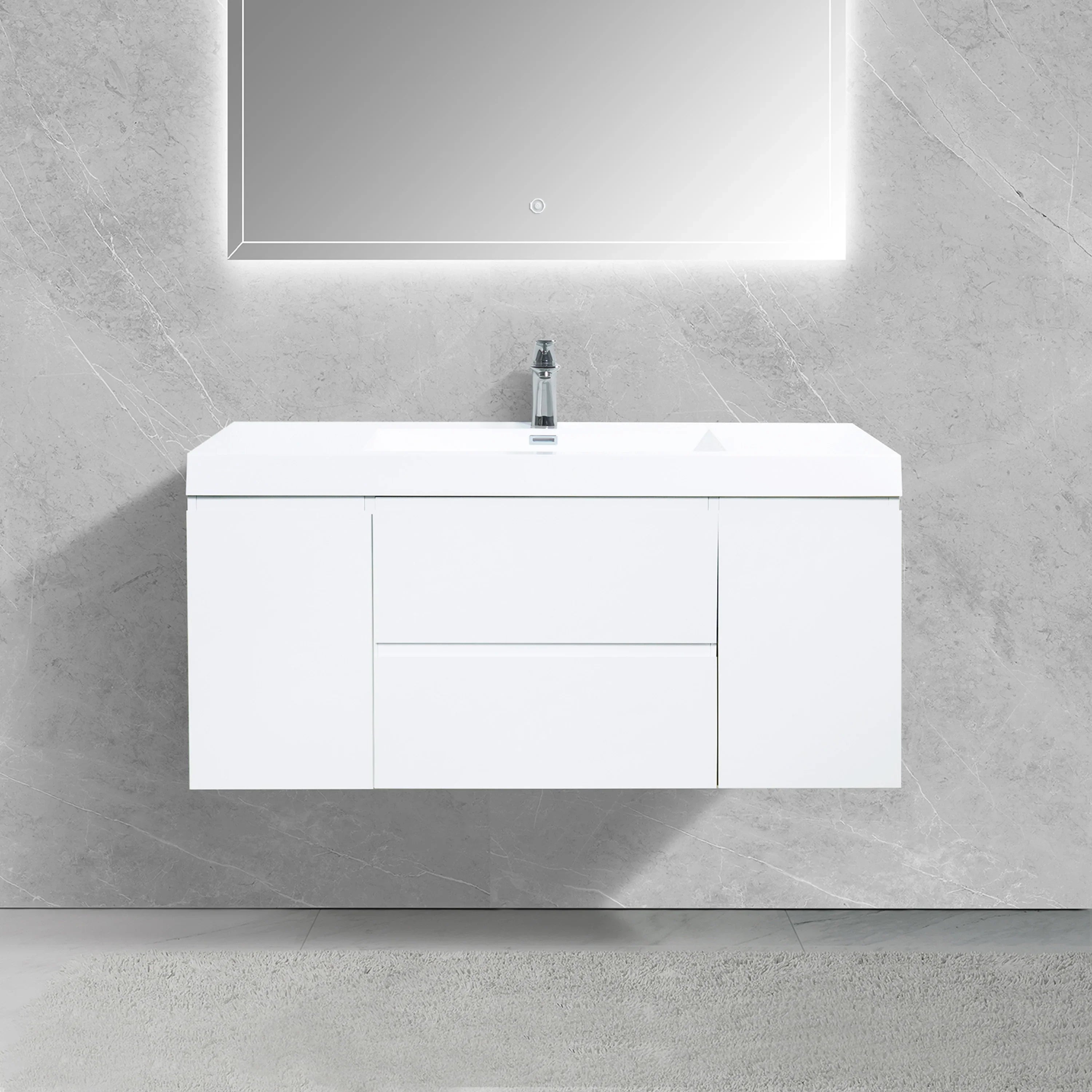 48" Glossy White Wall Mount Single Sink Bathroom Vanity with White Polymarble Countertop-Migration_Bathroom Vanities-DECOROLALA