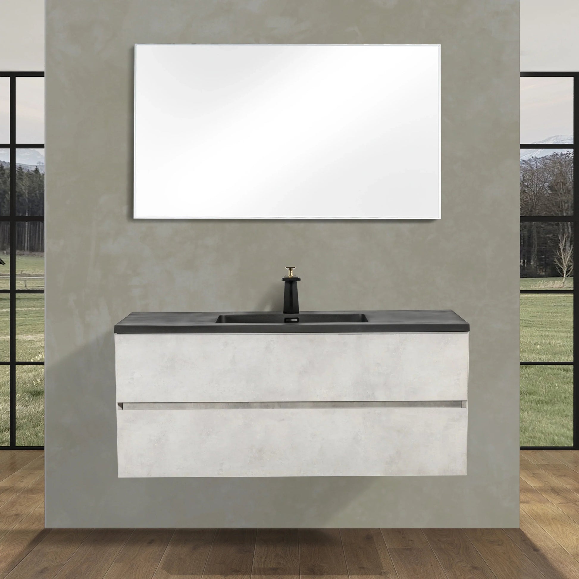 48" Grey Wall Mount Single Sink Bathroom Vanity with Black Engineered Quartz Countertop-Migration_Bathroom Vanities-DECOROLALA