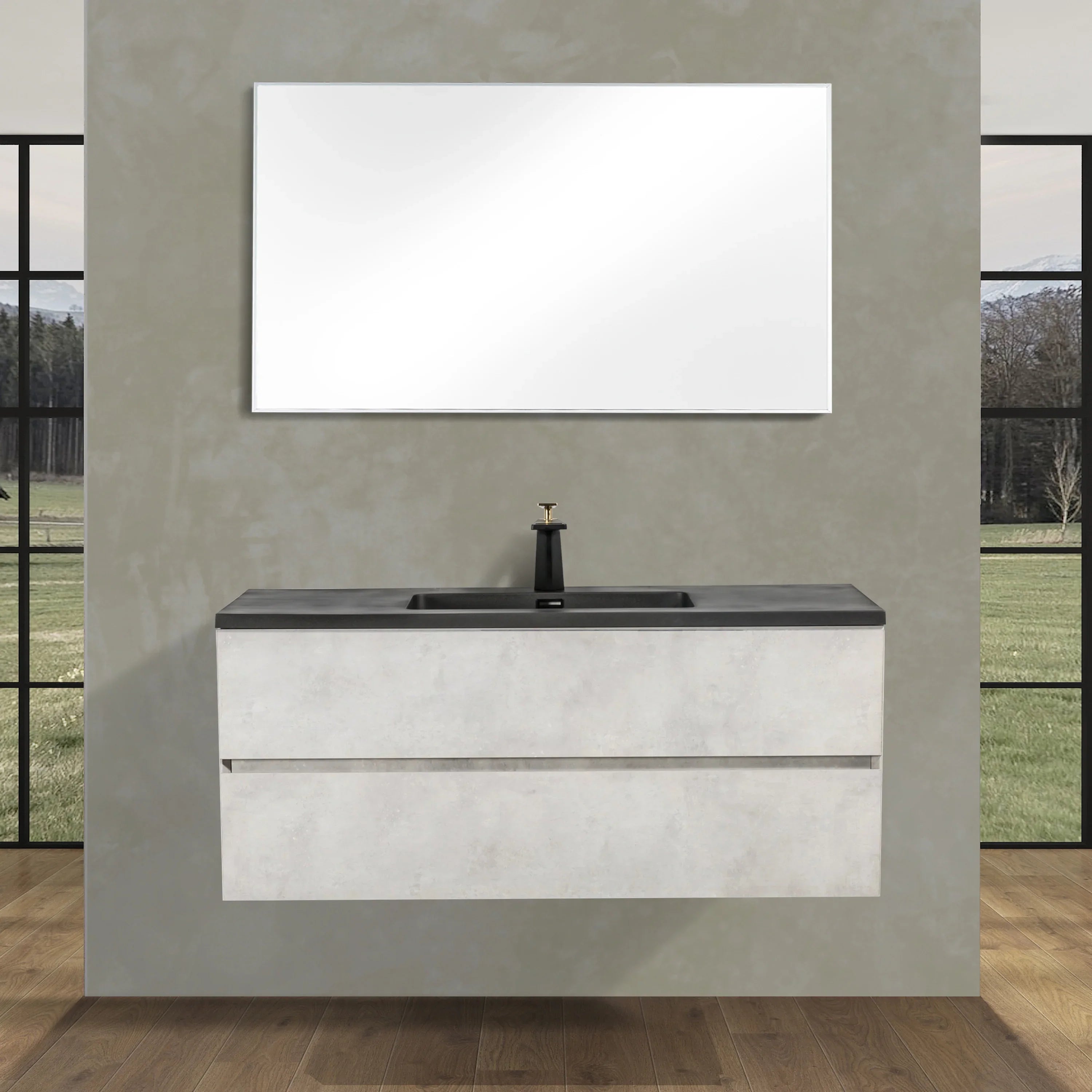 48" Grey Wall Mount Single Sink Bathroom Vanity with Black Engineered Quartz Countertop-Migration_Bathroom Vanities-DECOROLALA