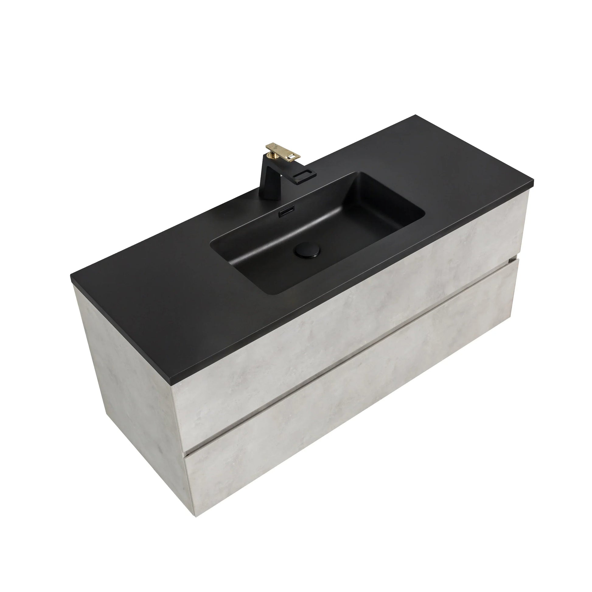 48" Grey Wall Mount Single Sink Bathroom Vanity with Black Engineered Quartz Countertop-Migration_Bathroom Vanities-DECOROLALA