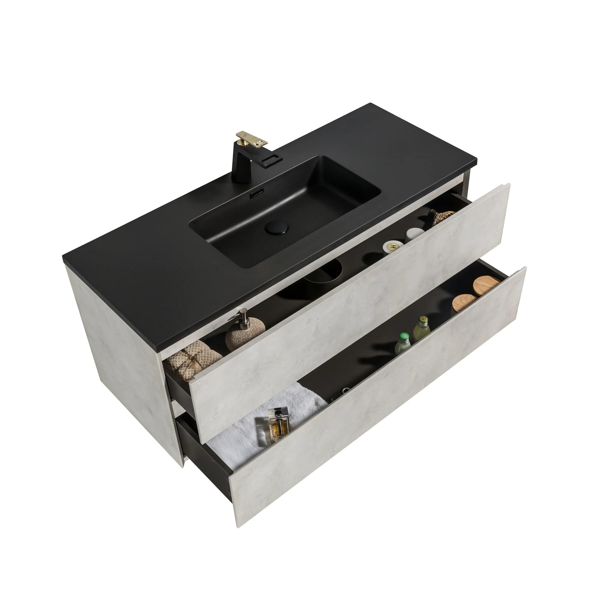 48" Grey Wall Mount Single Sink Bathroom Vanity with Black Engineered Quartz Countertop-Migration_Bathroom Vanities-DECOROLALA