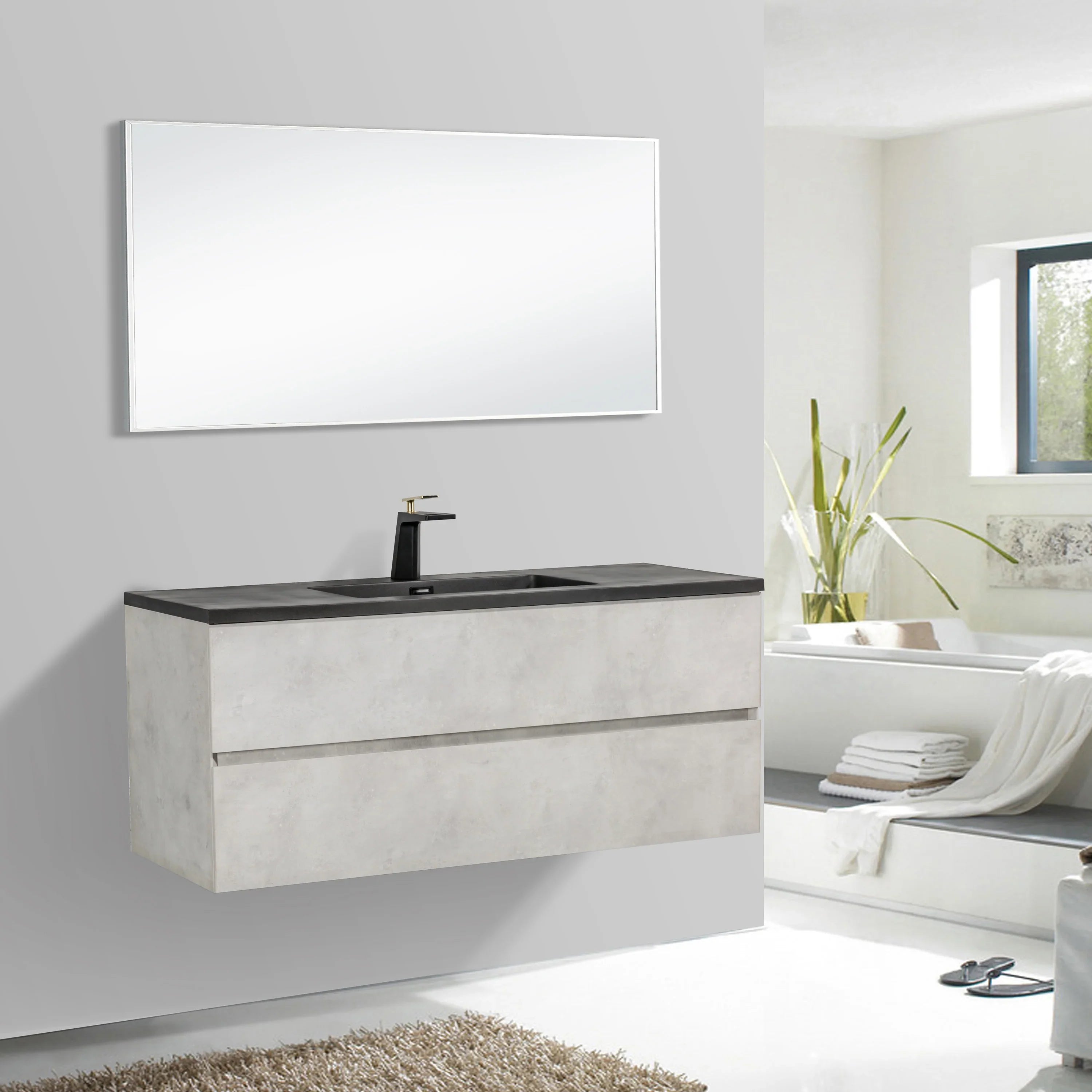 48" Grey Wall Mount Single Sink Bathroom Vanity with Black Engineered Quartz Countertop-Migration_Bathroom Vanities-DECOROLALA