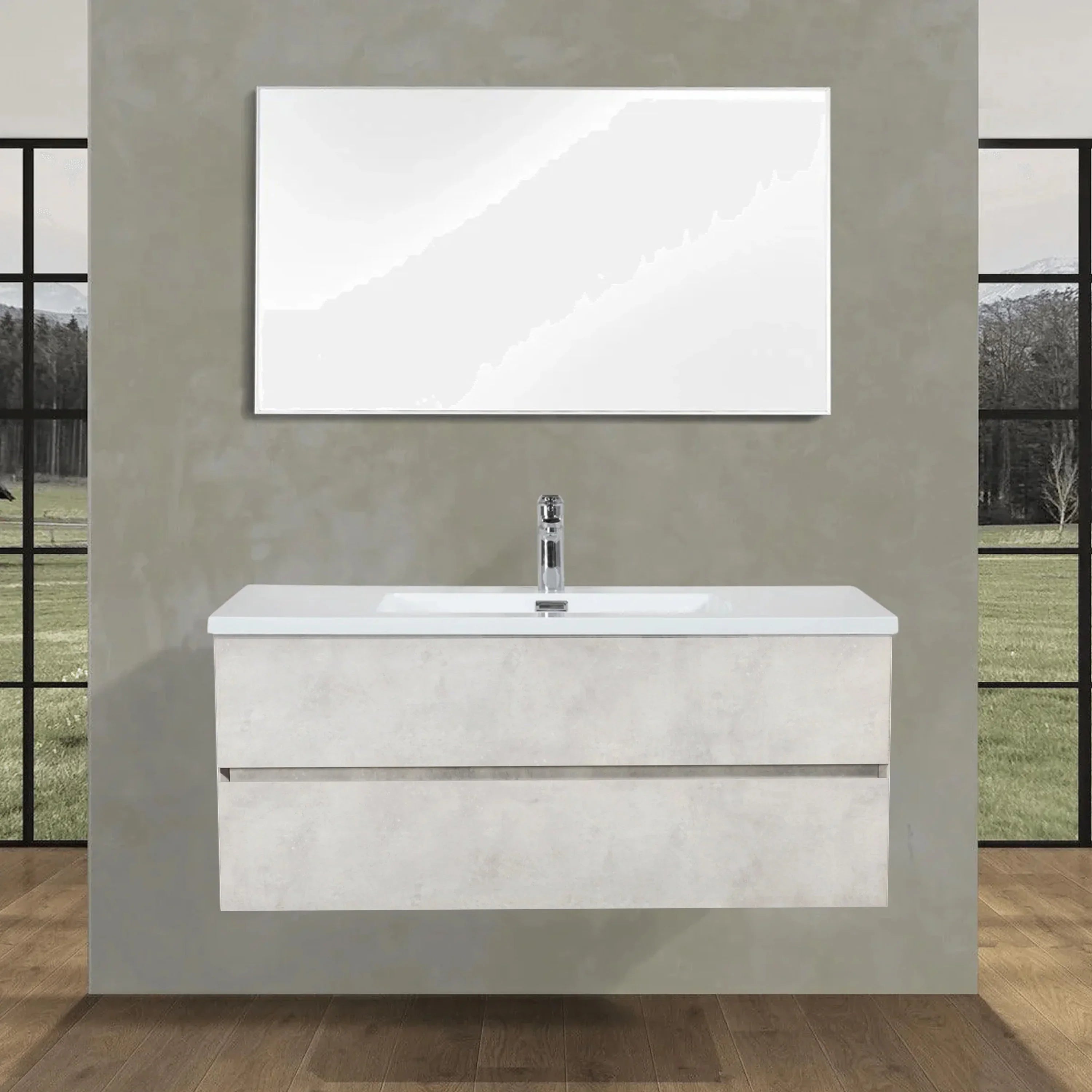 48" Grey Wall Mount Single Sink Bathroom Vanity with White Polymarble Countertop-Migration_Bathroom Vanities-DECOROLALA