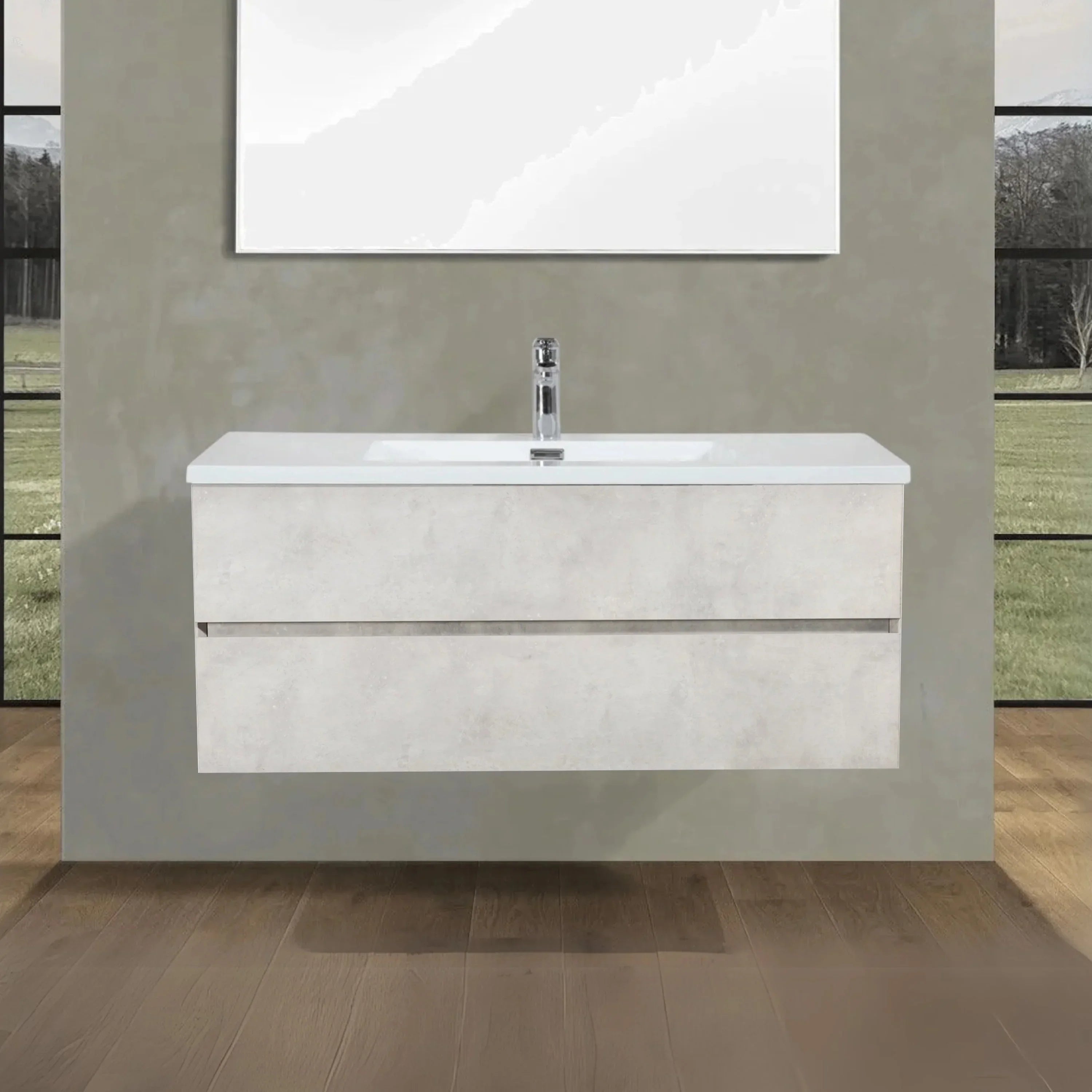 48" Grey Wall Mount Single Sink Bathroom Vanity with White Polymarble Countertop-Migration_Bathroom Vanities-DECOROLALA