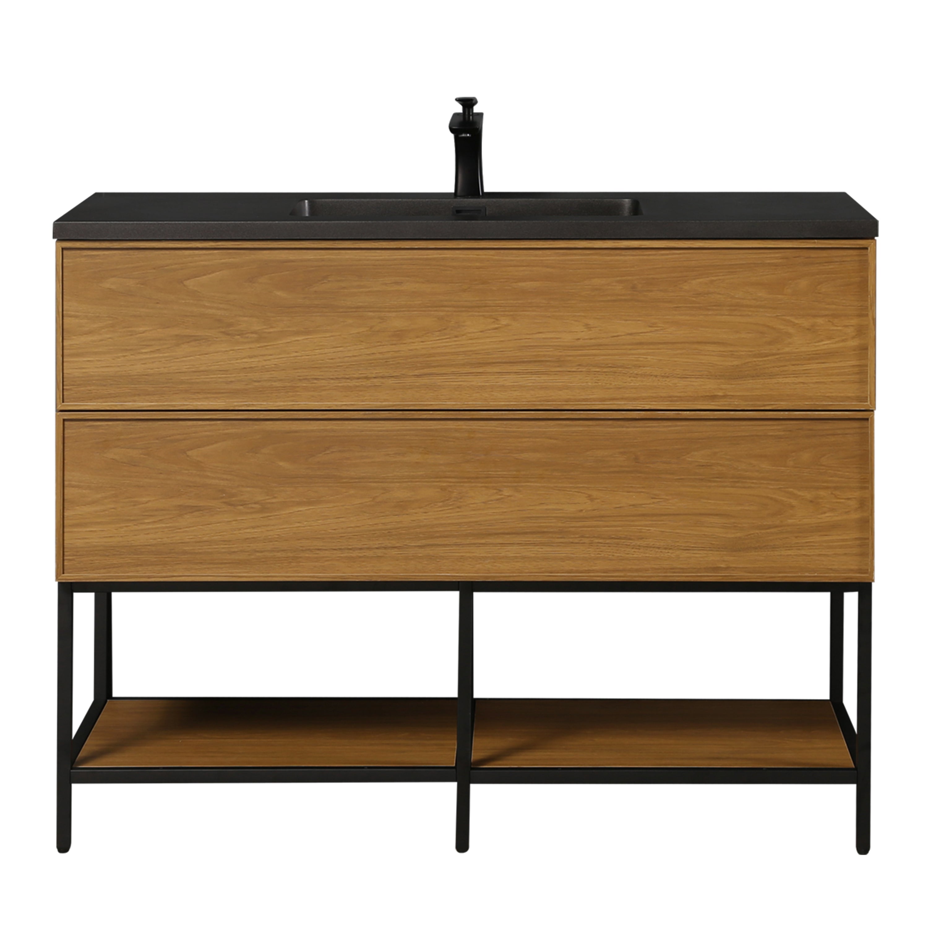48" Honey Gold Walnut Wall Mount Bathroom Vanity with Black Engineered Quartz Countertop