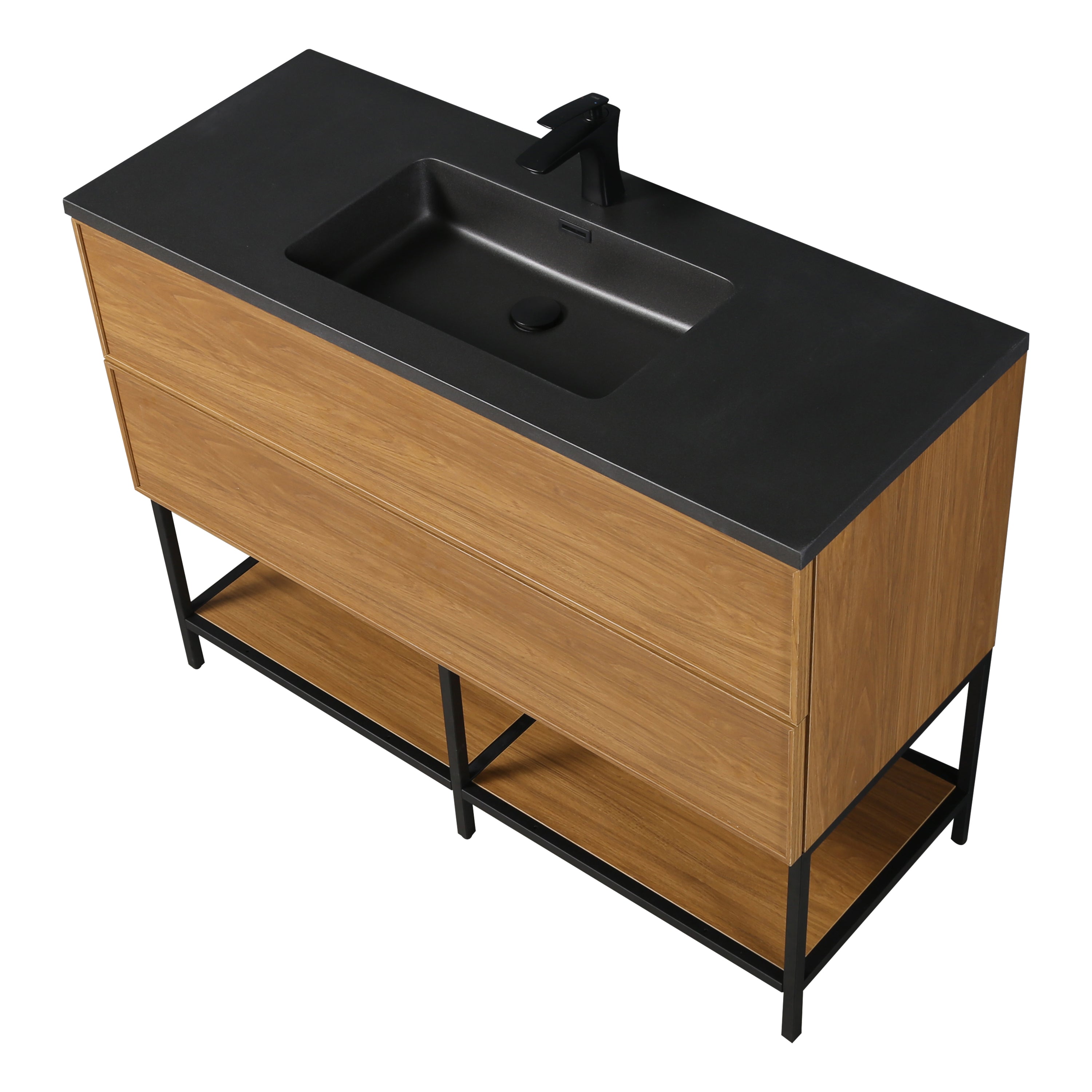 48" Honey Gold Walnut Wall Mount Bathroom Vanity with Black Engineered Quartz Countertop