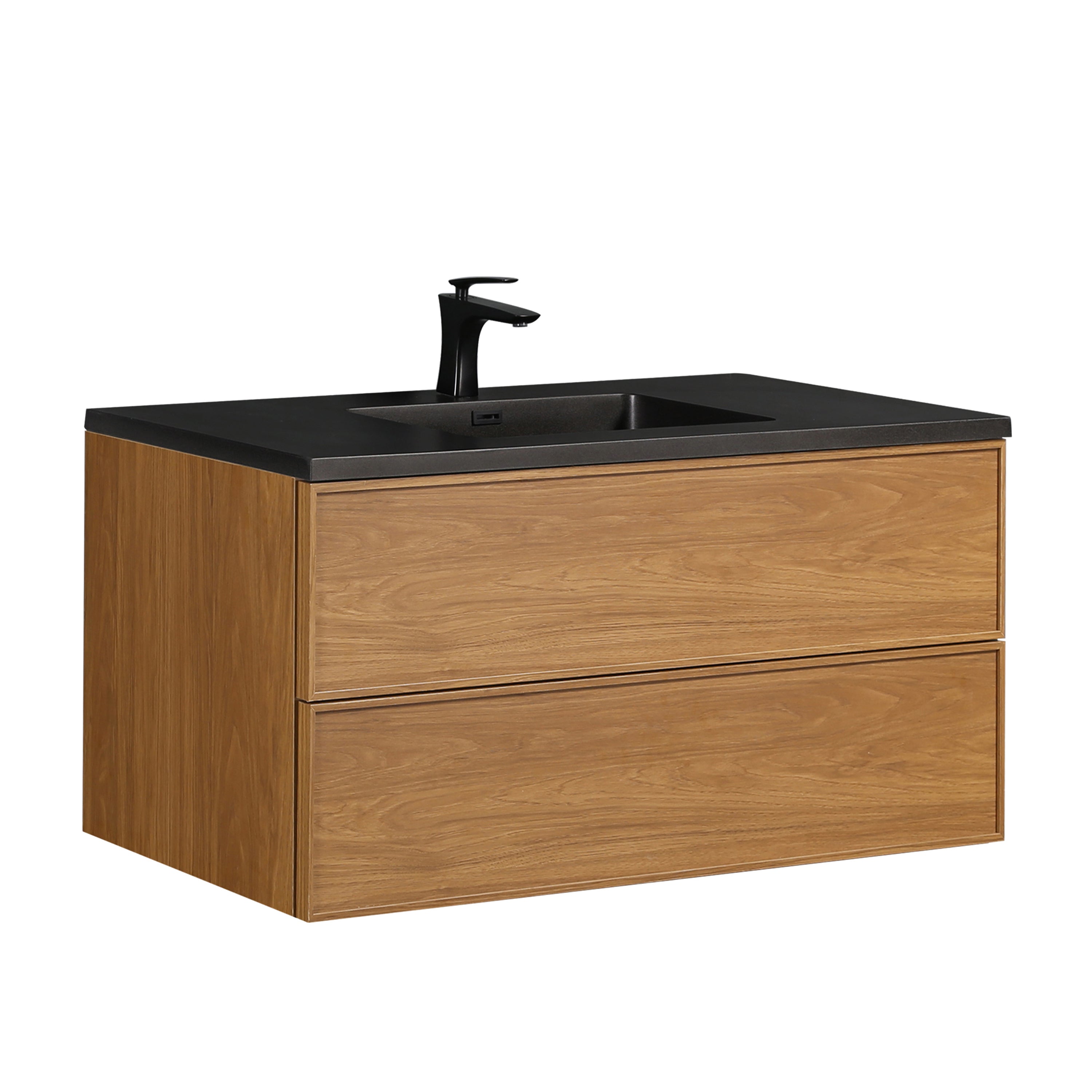 48" Honey Gold Walnut Wall Mount Bathroom Vanity with Black Engineered Quartz Countertop
