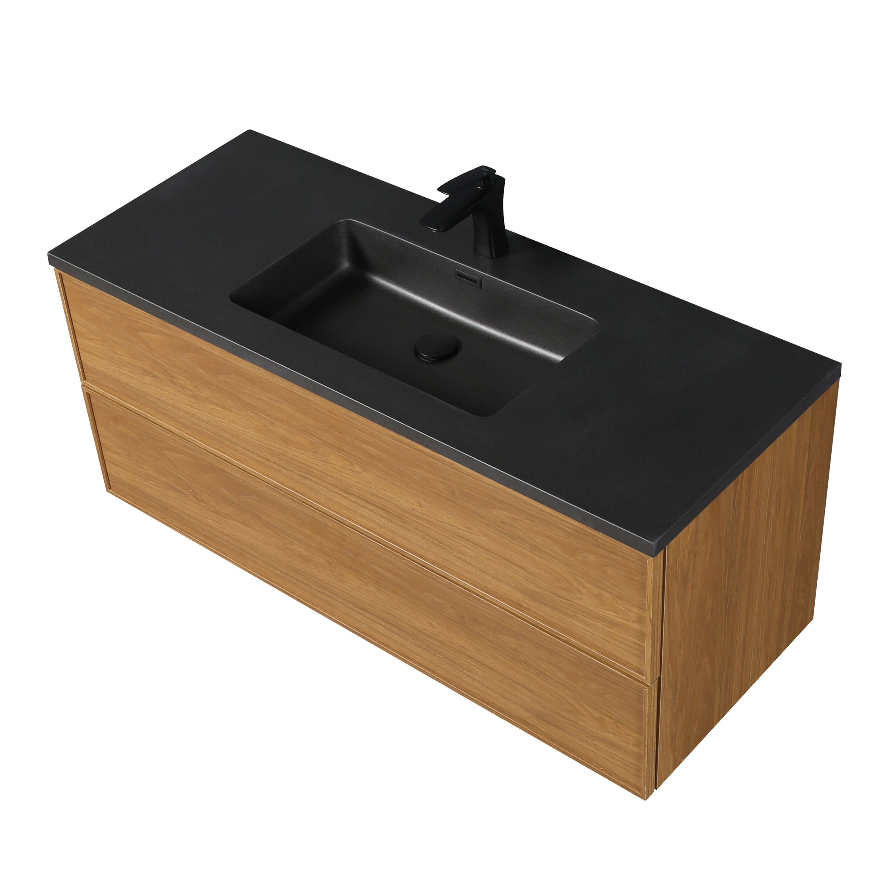 48" Honey Gold Walnut Wall Mount Bathroom Vanity with Black Engineered Quartz Countertop