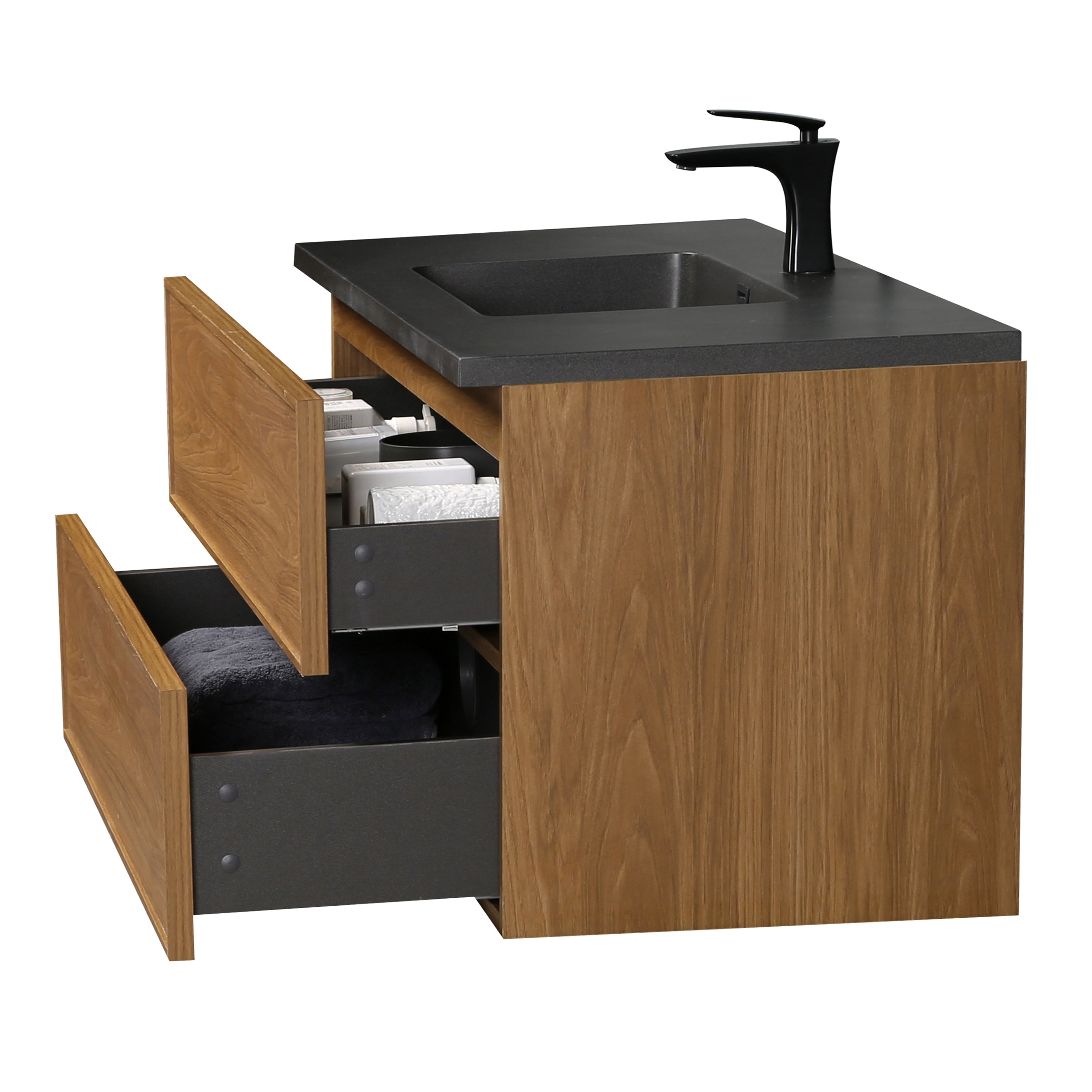 48" Honey Gold Walnut Wall Mount Bathroom Vanity with Black Engineered Quartz Countertop