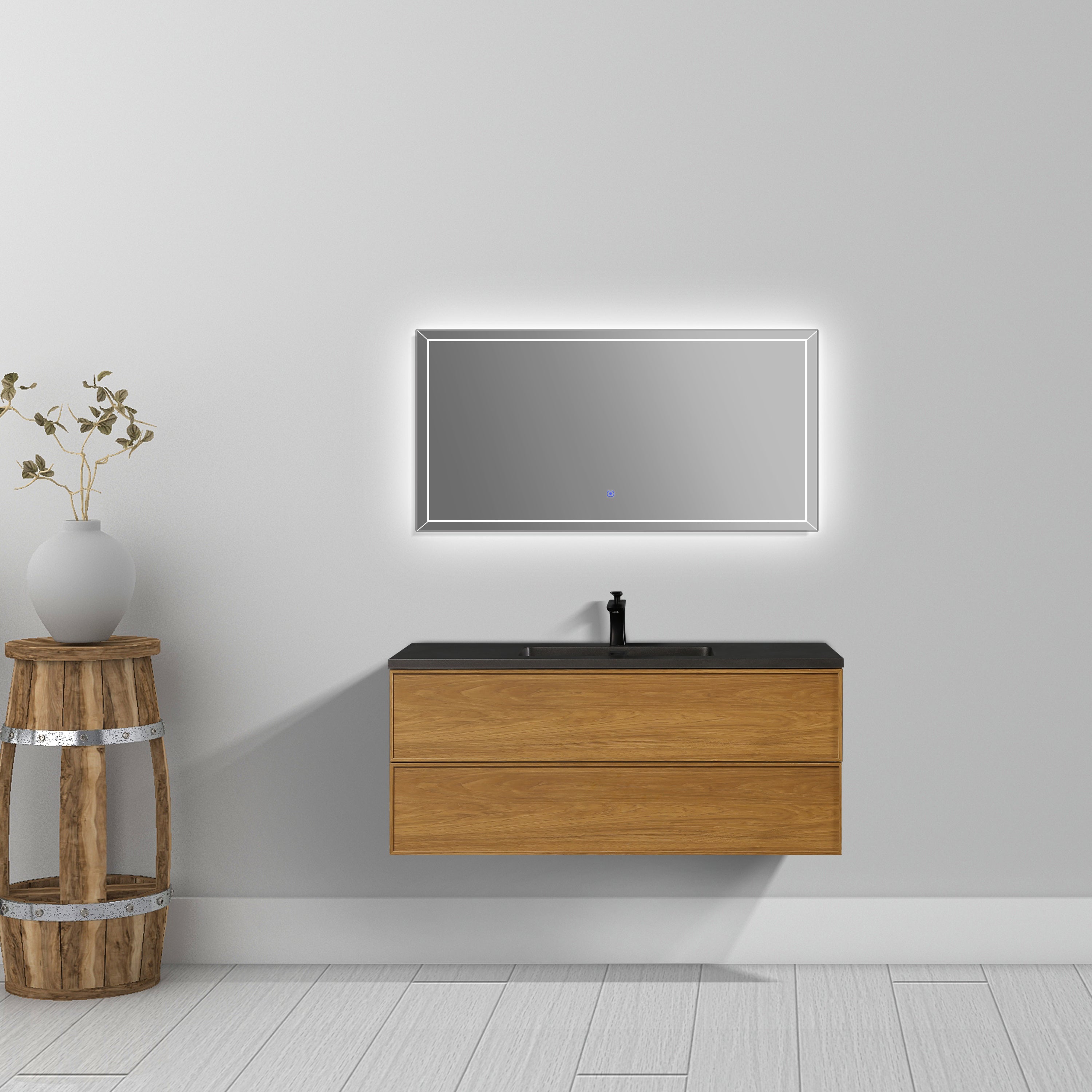 48" Honey Gold Walnut Wall Mount Bathroom Vanity with Black Engineered Quartz Countertop