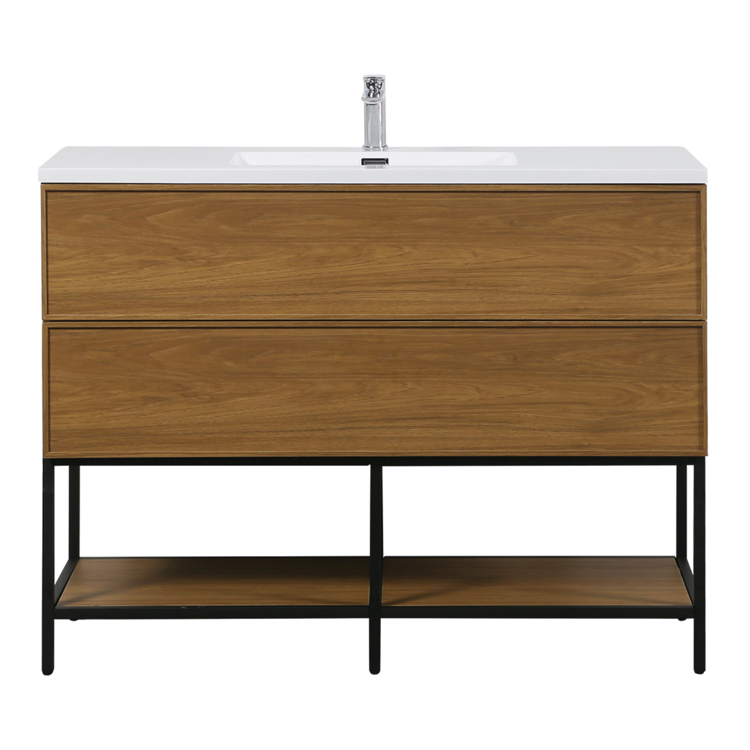 48" Honey Gold Walnut Wall Mount Bathroom Vanity with White Polymarble Countertop