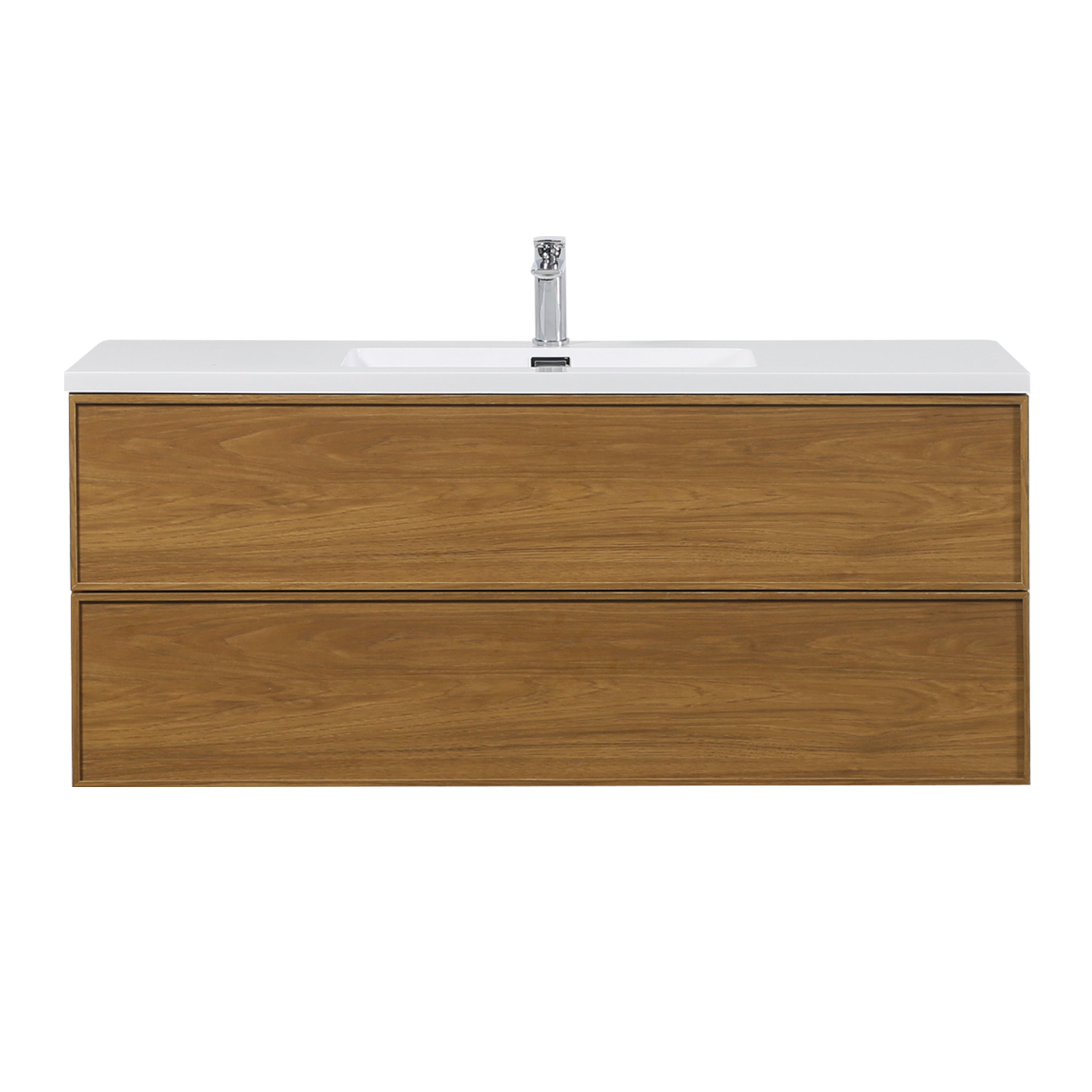 48" Honey Gold Walnut Wall Mount Bathroom Vanity with White Polymarble Countertop
