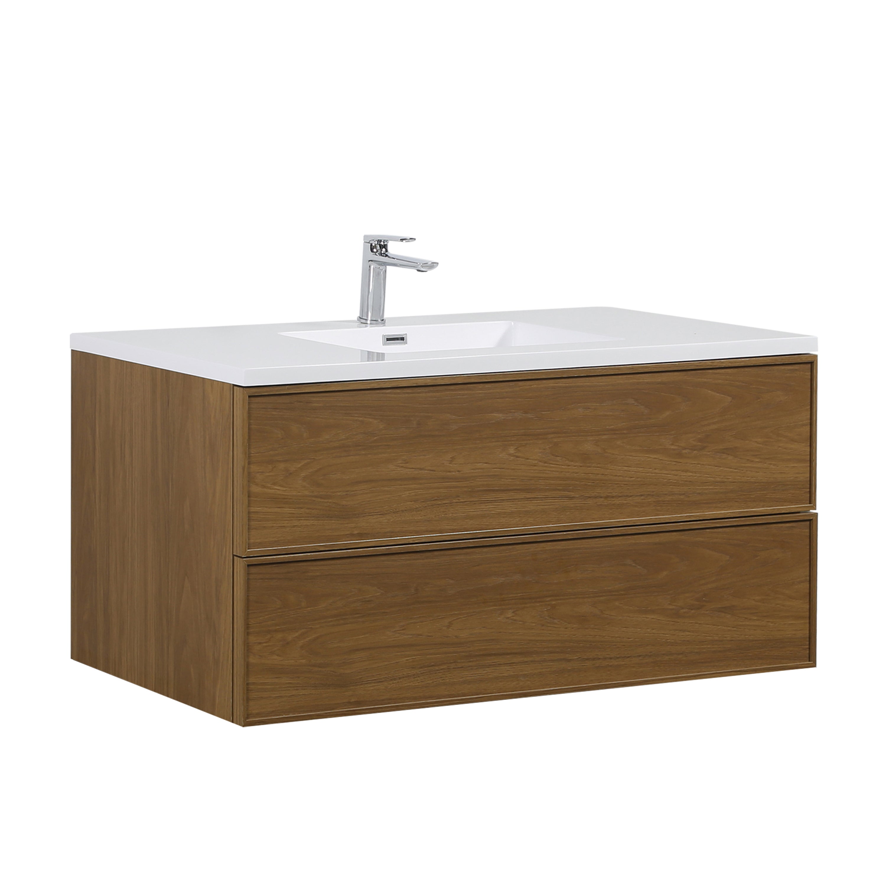 48" Honey Gold Walnut Wall Mount Bathroom Vanity with White Polymarble Countertop