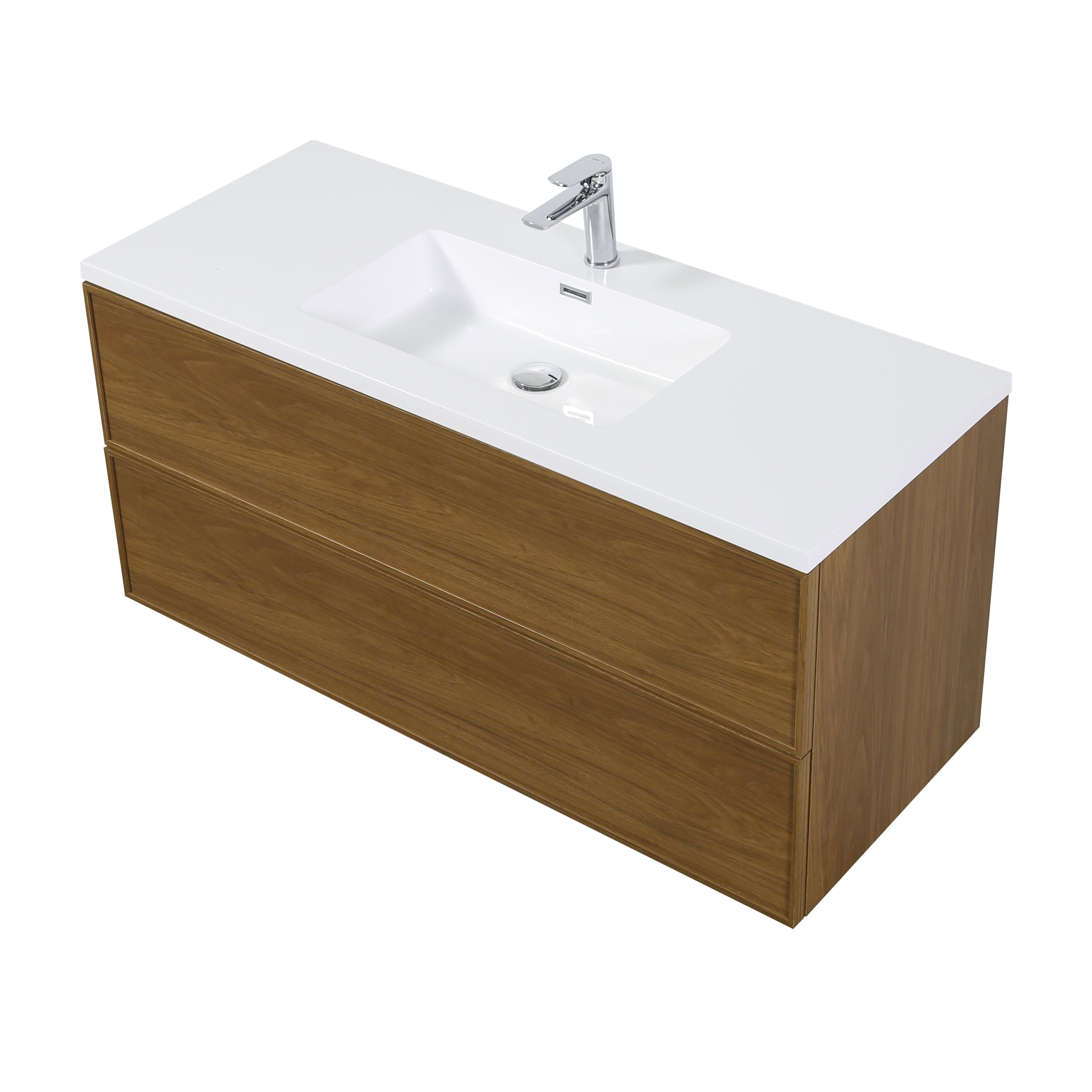 48" Honey Gold Walnut Wall Mount Bathroom Vanity with White Polymarble Countertop