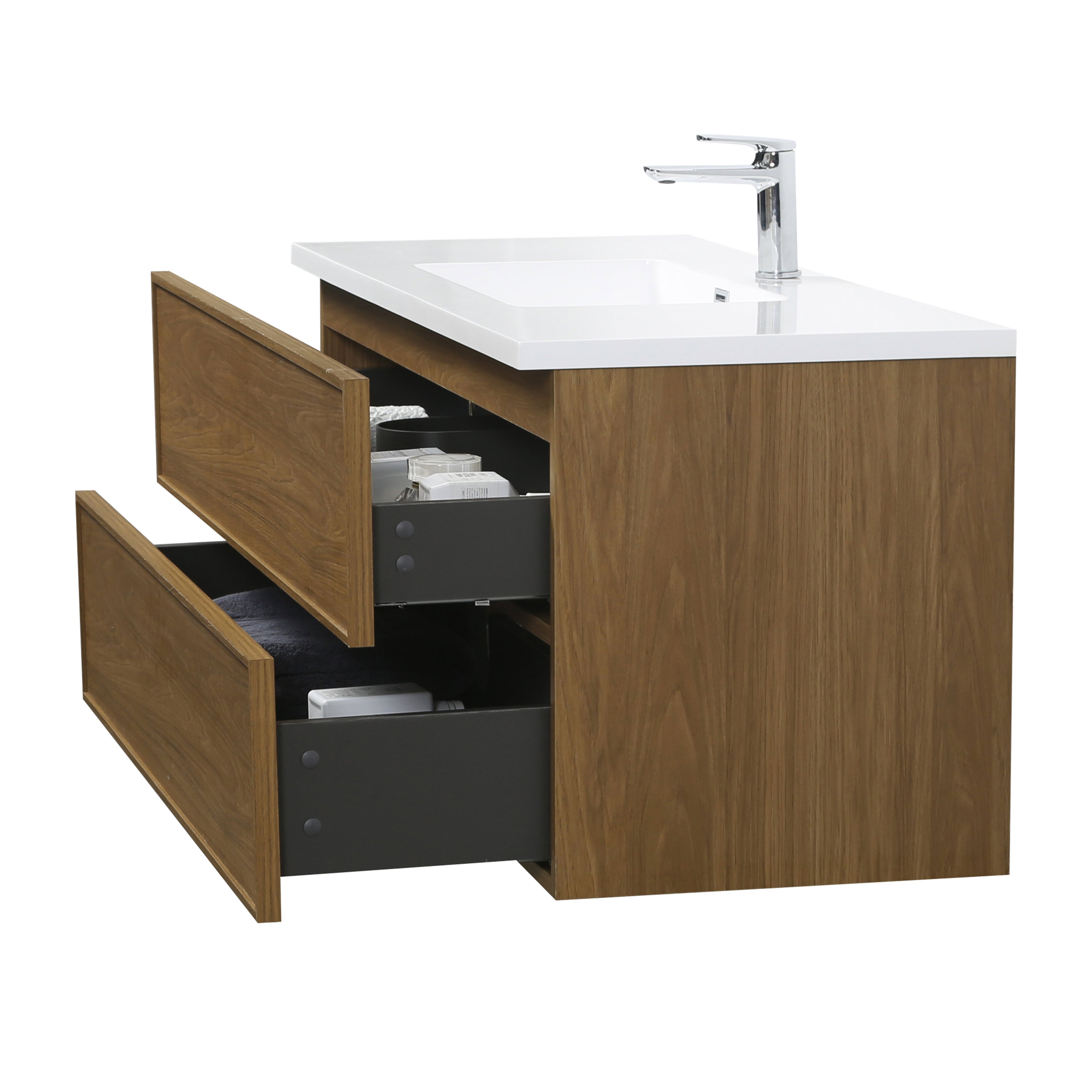 48" Honey Gold Walnut Wall Mount Bathroom Vanity with White Polymarble Countertop