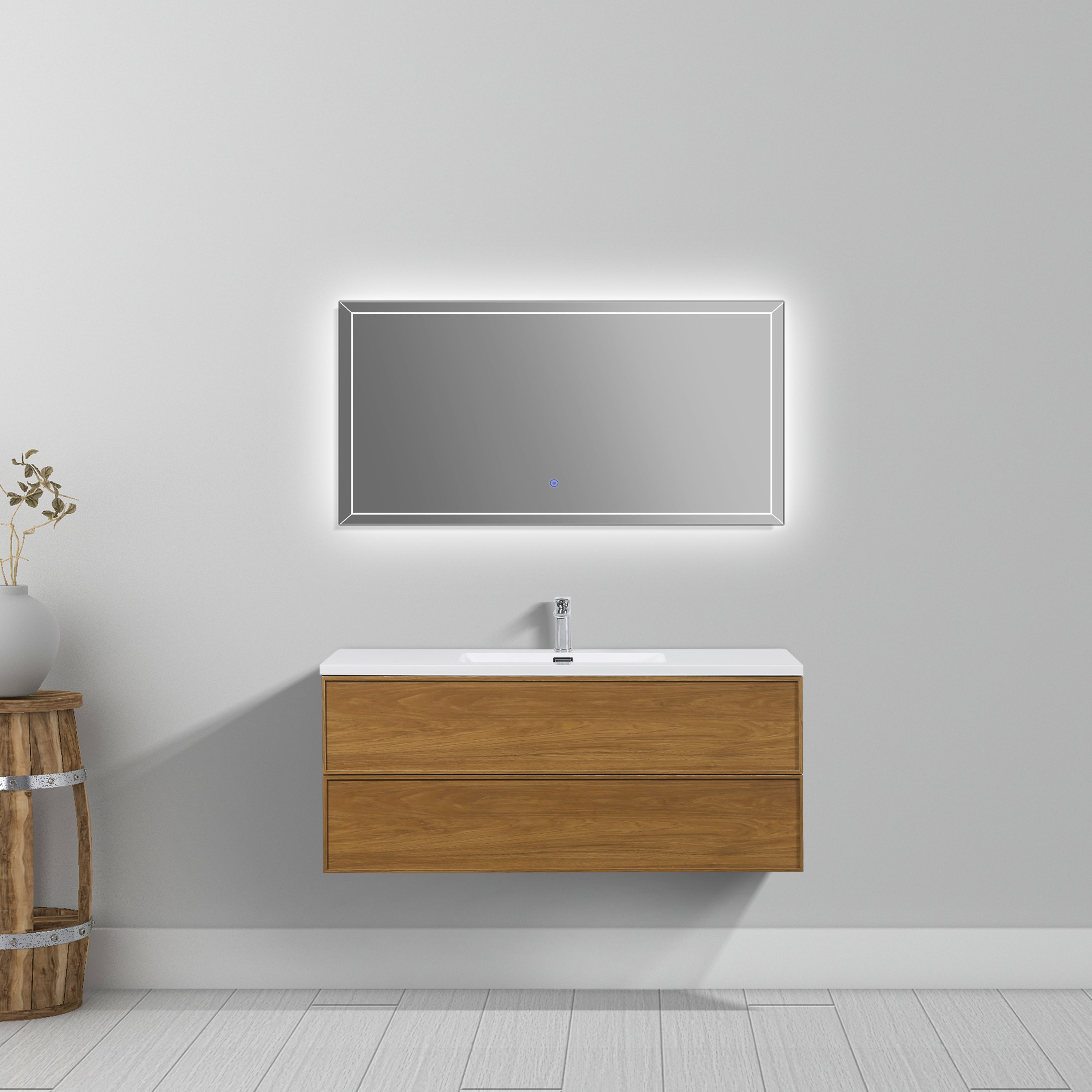 48" Honey Gold Walnut Wall Mount Bathroom Vanity with White Polymarble Countertop